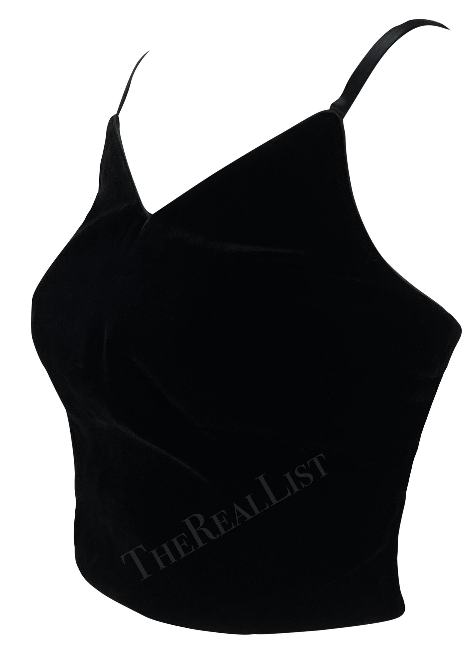 F/W 1999 Giorgio Armani Black Velvet Satin Trim Backless Strap Crop Top For Sale 2