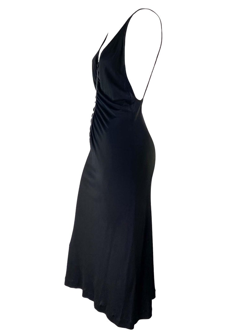 F/W 1999 Gucci by Tom Ford Backless Ruched Viscose Patent Leather Trim Dress  For Sale at 1stDibs
