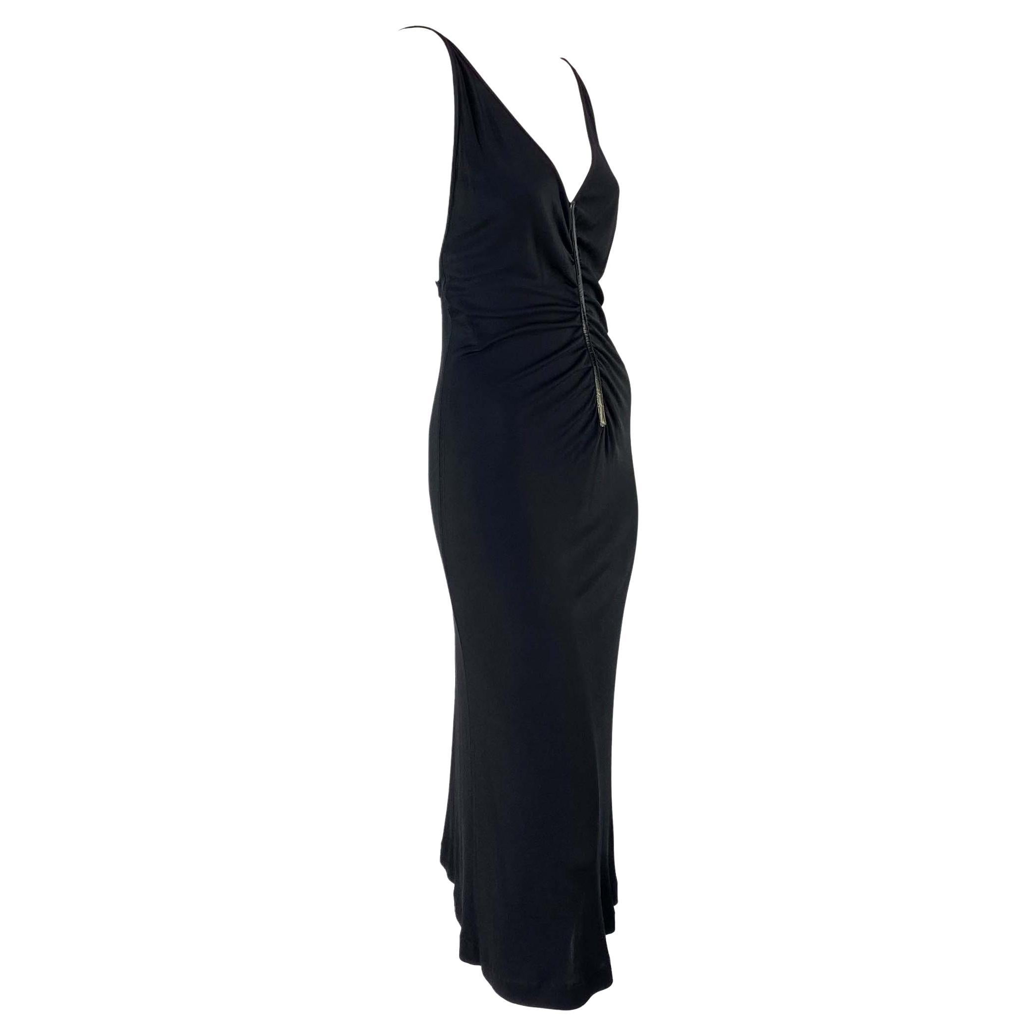 F/W 1999 Gucci by Tom Ford Backless Ruched Viscose Patent Leather Trim Dress For Sale