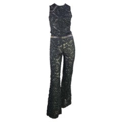 F/W 1999 Gucci by Tom Ford Black Sheer Lace and Leather Tank Top Flare Pant Set