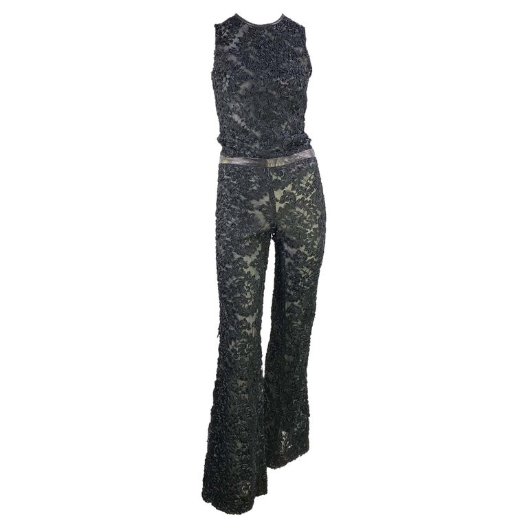 F/W 1999 Gucci by Tom Ford Black Sheer Lace and Leather Tank Top Flare ...