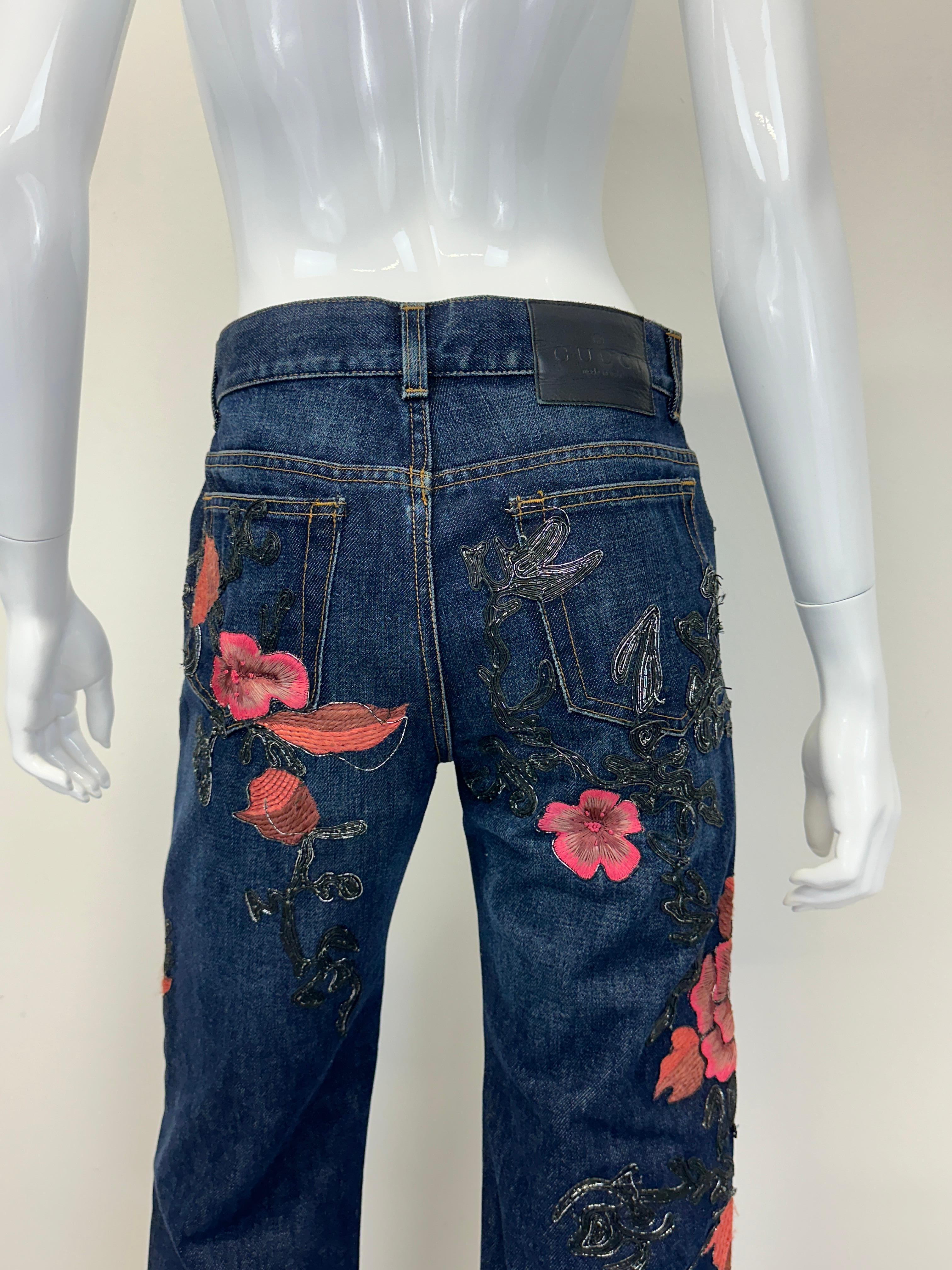 F/W 1999 Gucci by Tom Ford runway floral embroidered jeans For Sale 7