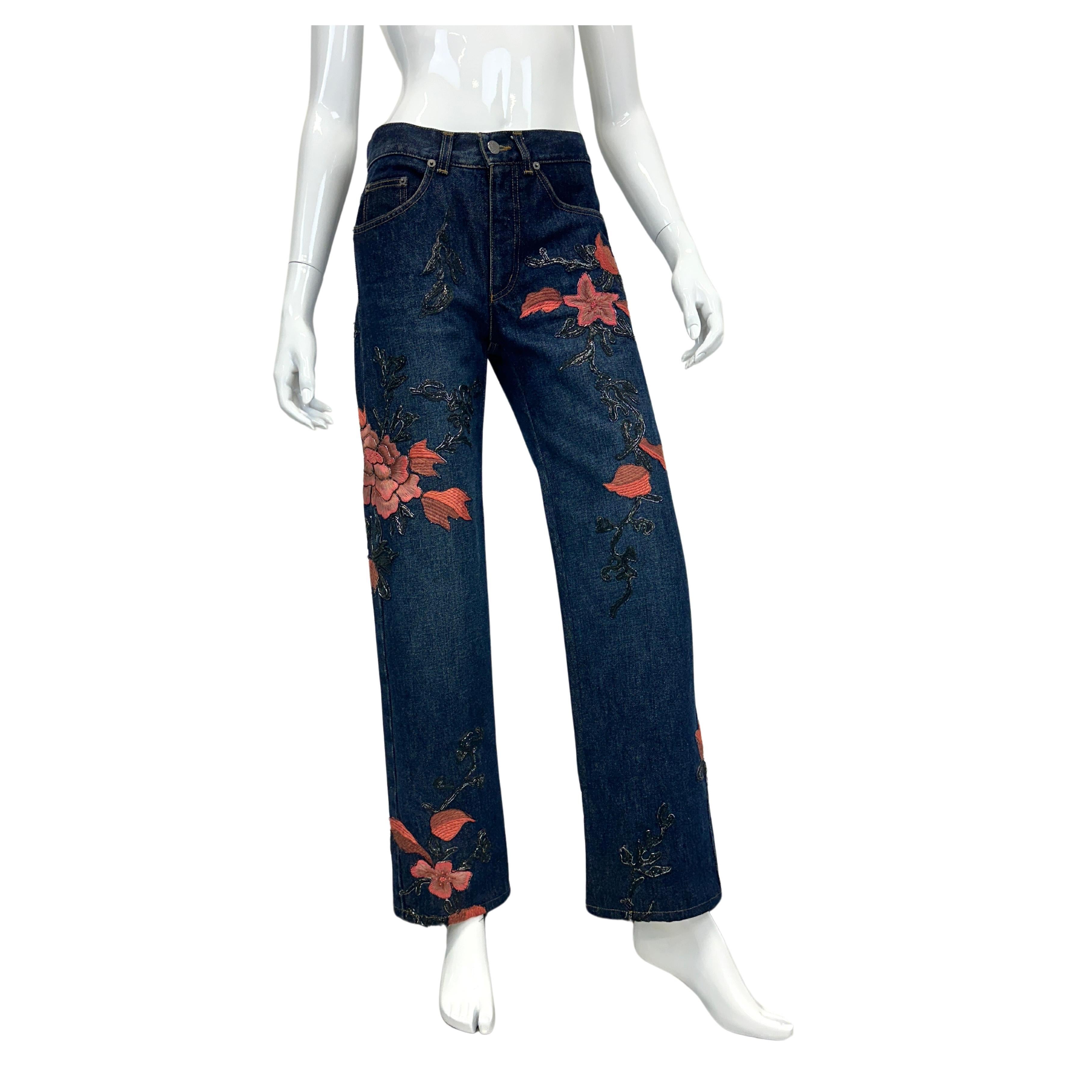 F/W 1999 Gucci by Tom Ford floral embroidered jeans For Sale