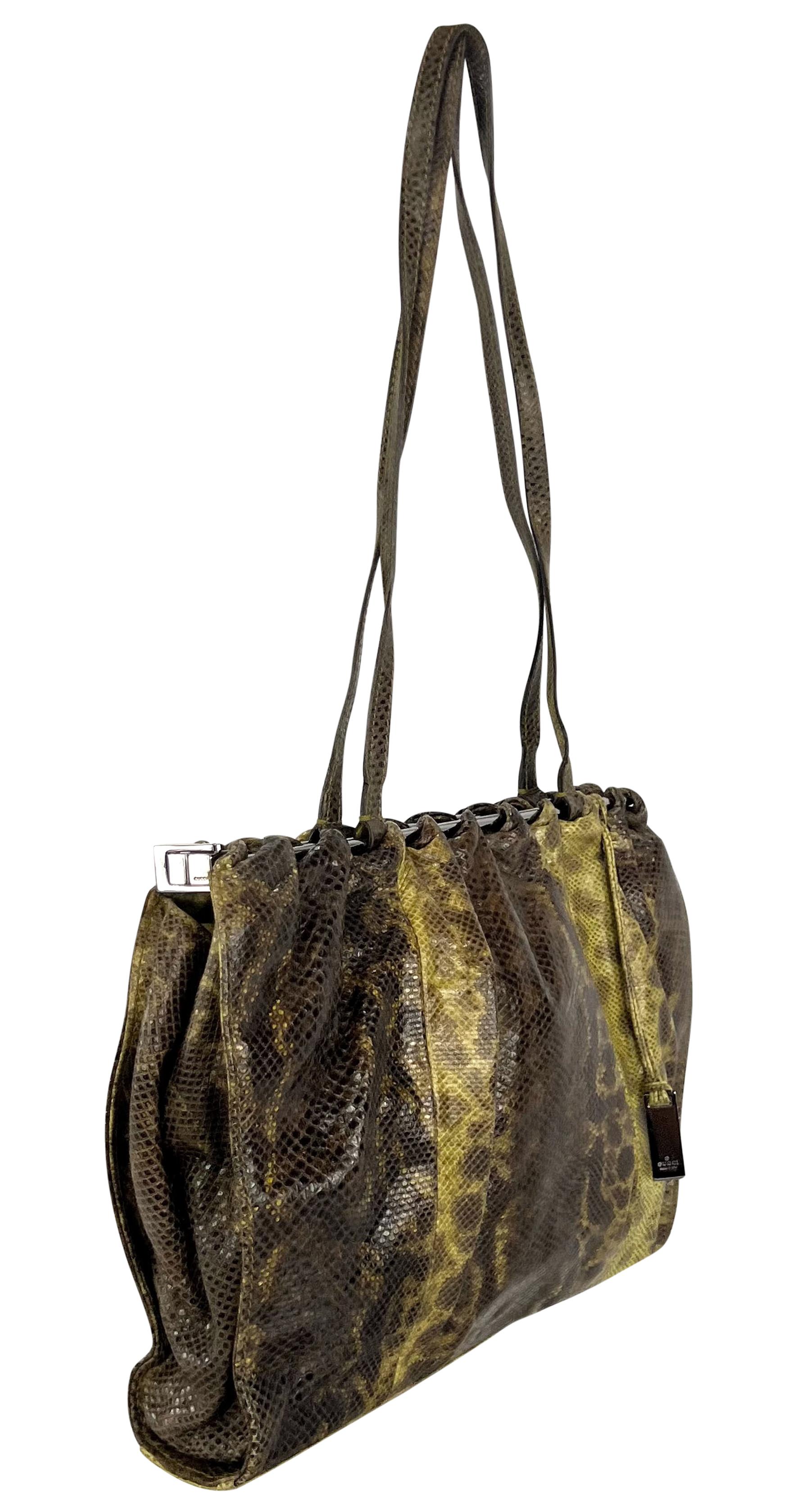 Black F/W 1999 Gucci by Tom Ford Green Karung Snakeskin Silver Bar Shoulder Bag For Sale