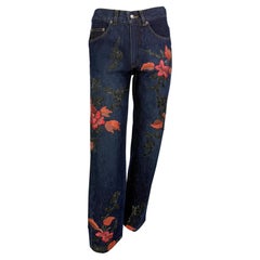 F/W 1999 Gucci by Tom Ford Pink Floral Embroidery Dark Wash Denim Jeans