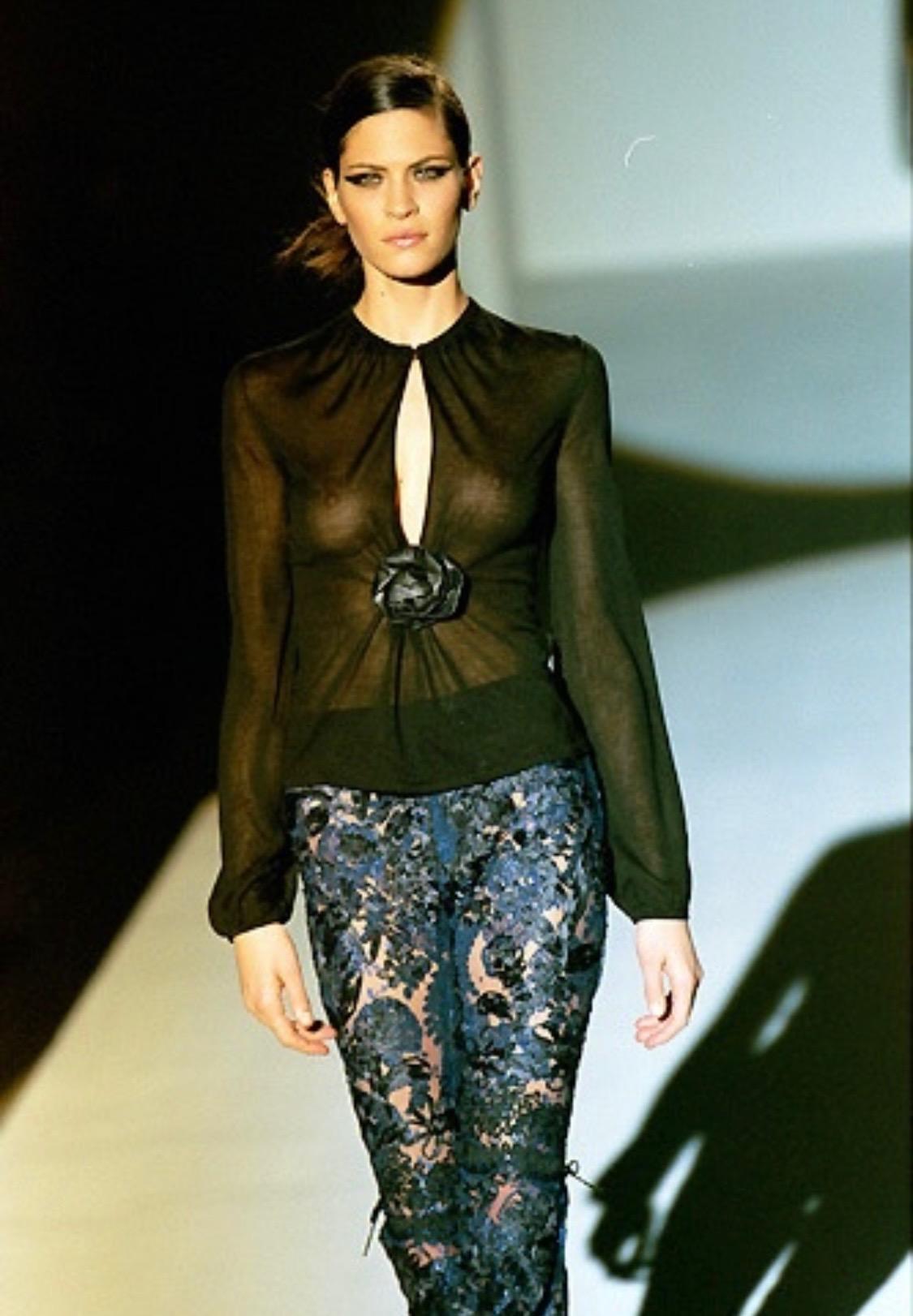 Women's F/W 1999 Gucci by Tom Ford Runway Black Leather Flower Plunge Sheer Knit Top