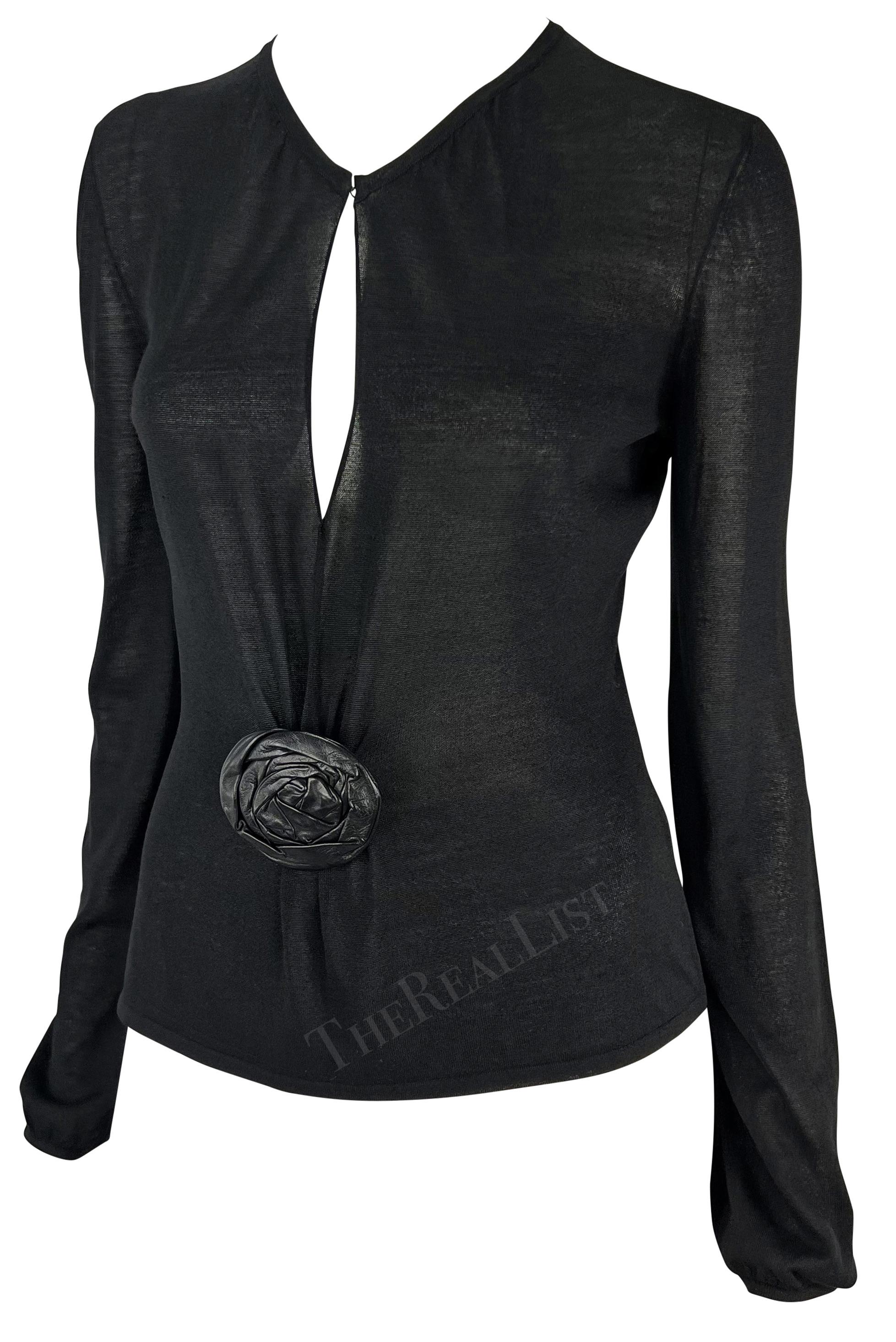 F/W 1999 Gucci by Tom Ford Runway Black Leather Flower Plunge Sheer Knit Top For Sale 2
