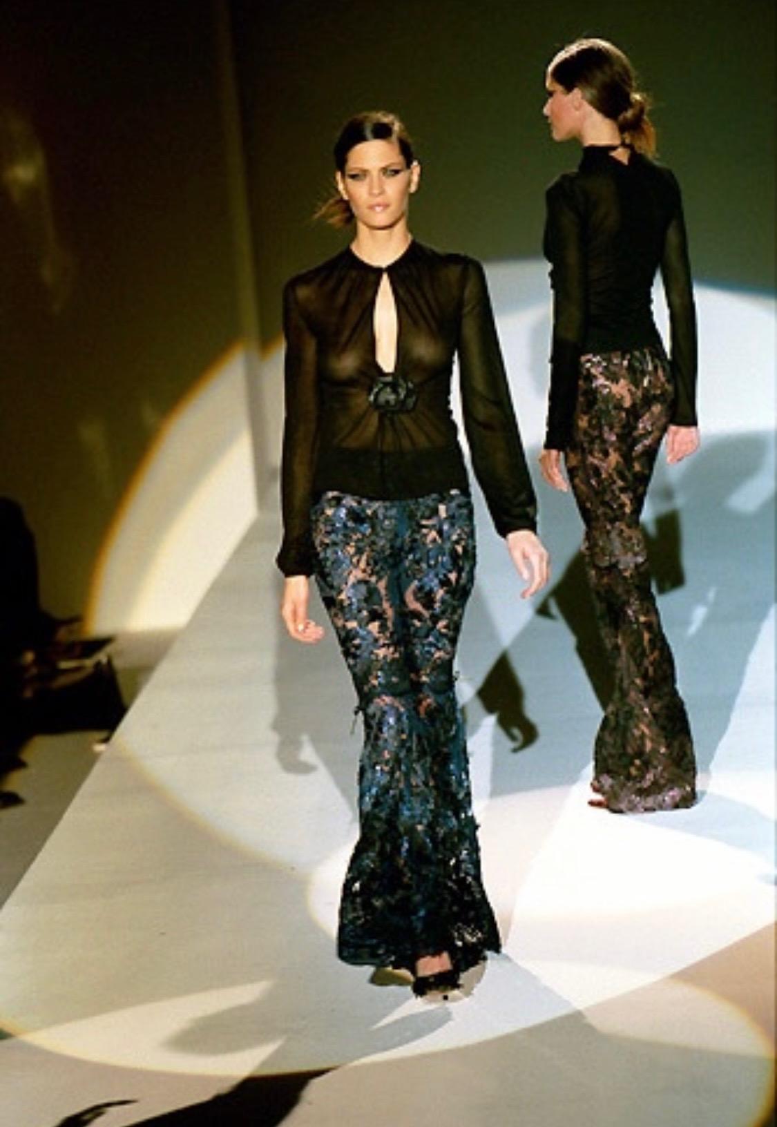 F/W 1999 Gucci by Tom Ford Runway Black Leather Flower Plunge Sheer Knit Top 2
