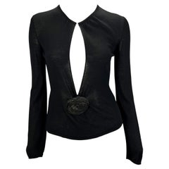 F/W 1999 Gucci by Tom Ford Runway Black Leather Flower Plunge Sheer Knit Top