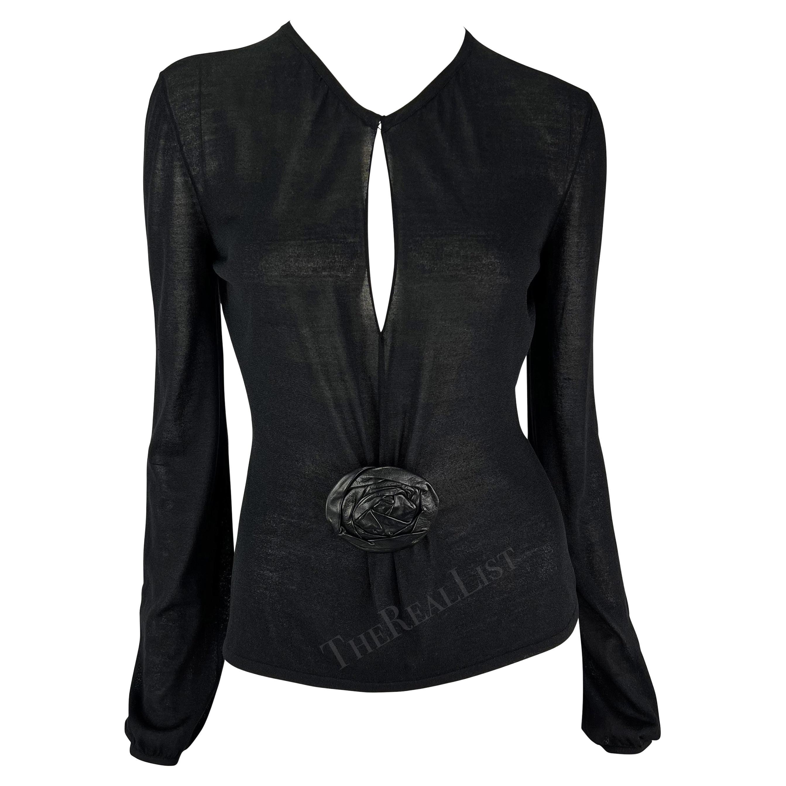 F/W 1999 Gucci by Tom Ford Runway Black Leather Flower Plunge Sheer Knit Top For Sale