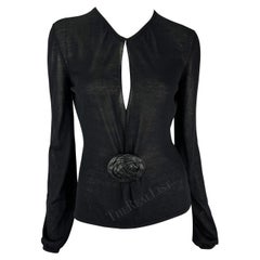Vintage F/W 1999 Gucci by Tom Ford Runway Black Leather Flower Plunge Sheer Knit Top