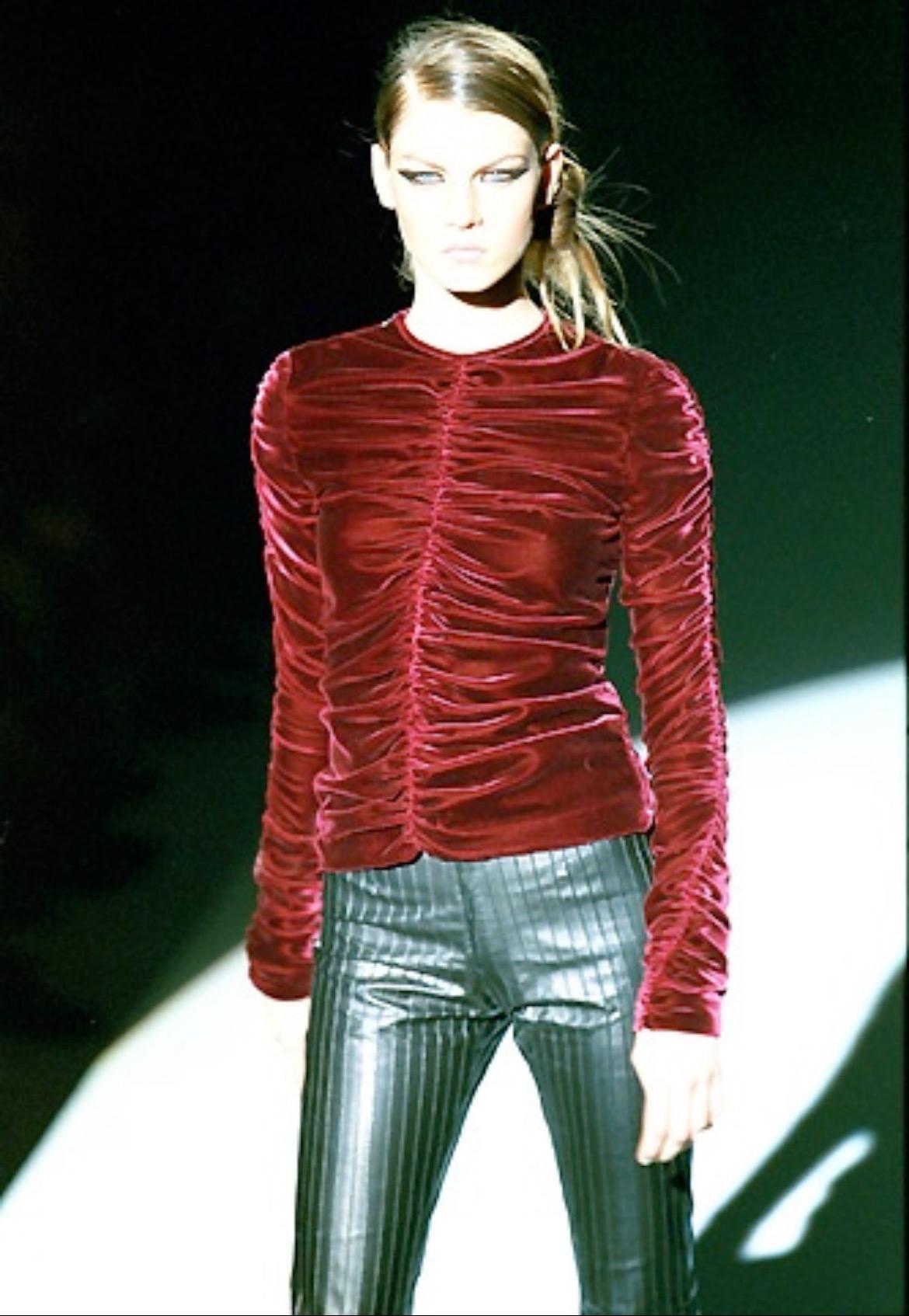 Black F/W 1999 Gucci by Tom Ford Runway Burgundy Ruched Velvet Blouse For Sale