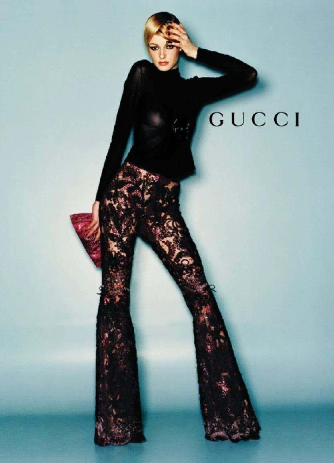 Black F/W 1999 Gucci by Tom Ford Runway Leather Flower Appliqué Sheer Knit Top For Sale