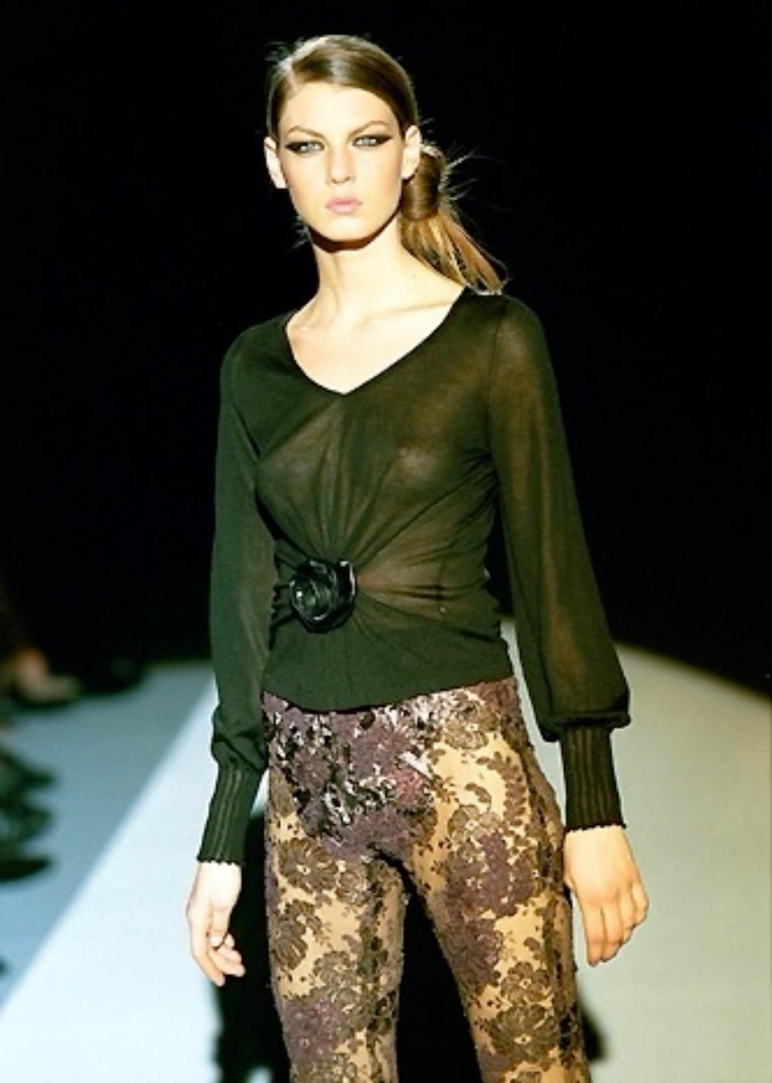 Women's F/W 1999 Gucci by Tom Ford Runway Leather Flower Appliqué Sheer Knit Top For Sale