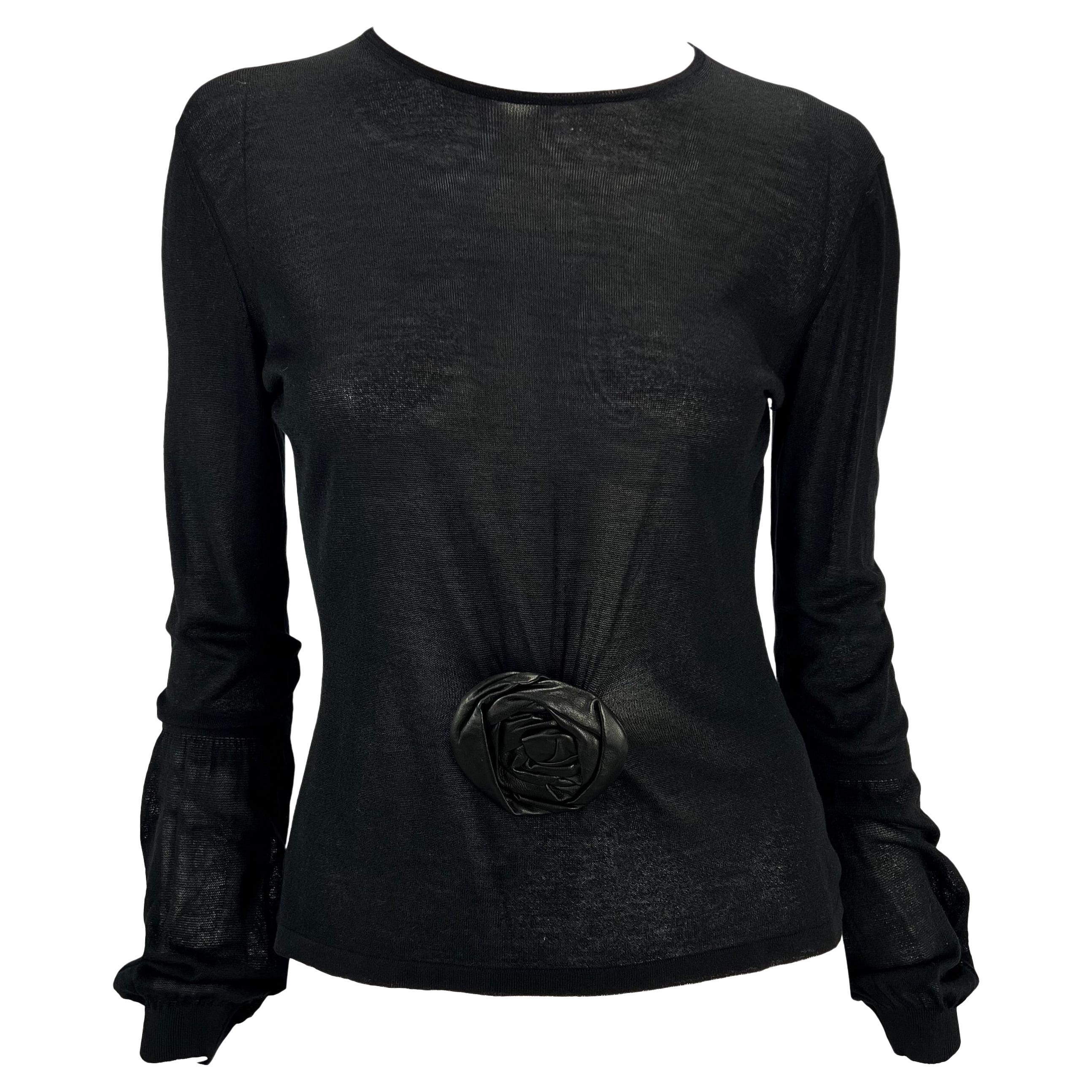 F/W 1999 Gucci by Tom Ford Runway Leather Flower Appliqué Sheer Knit Top For Sale