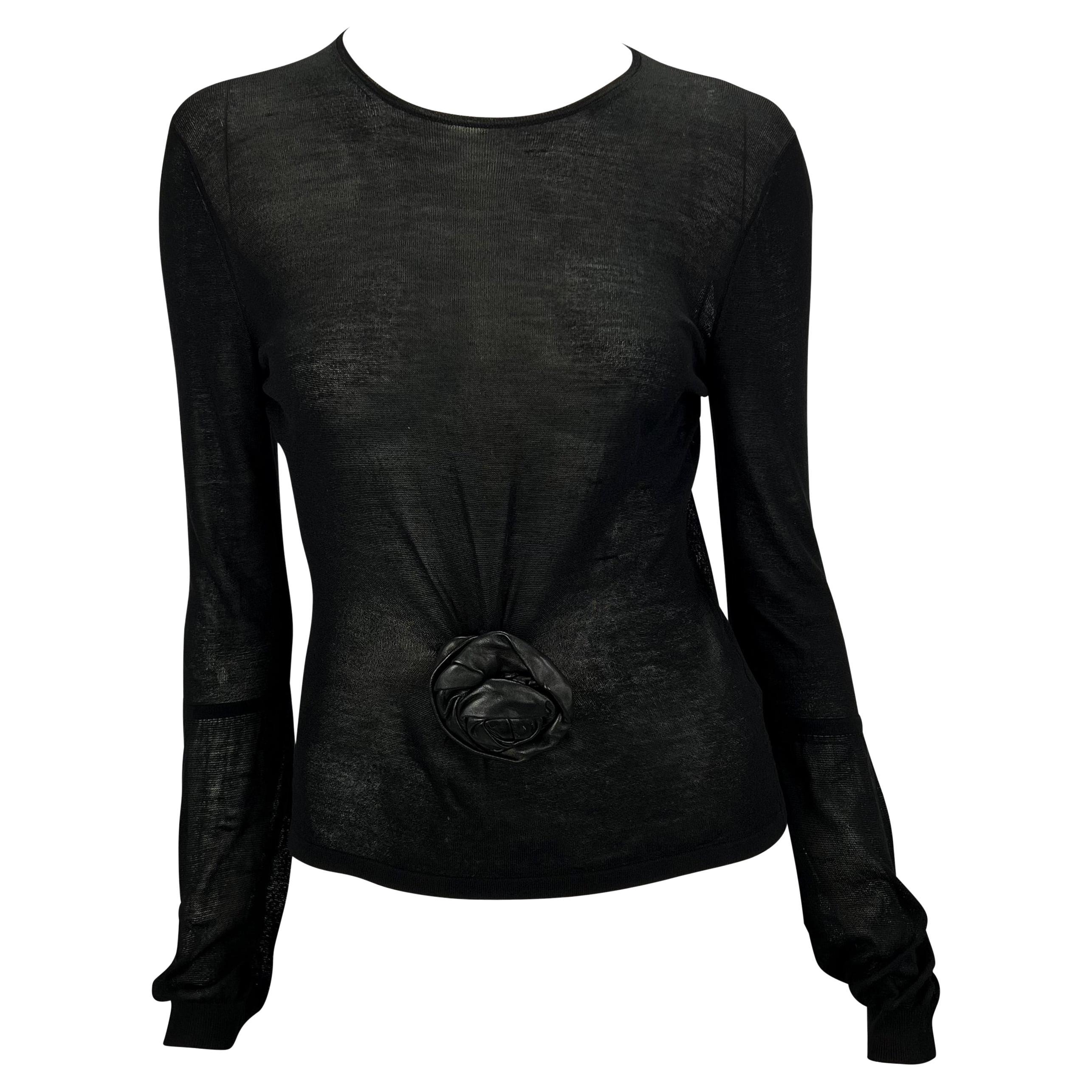F/W 1999 Gucci by Tom Ford Runway Leather Flower Appliqué Sheer Knit Top For Sale