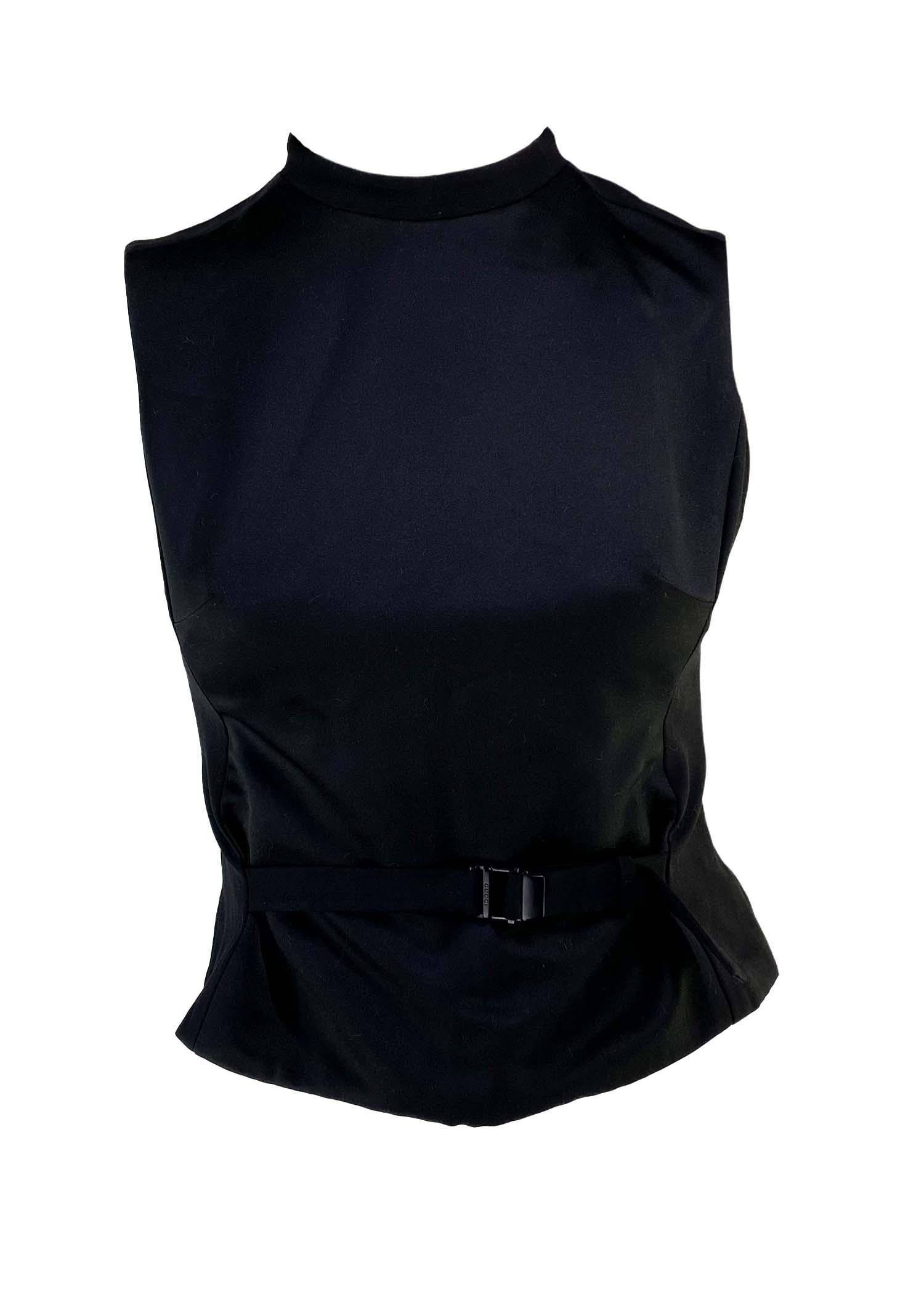 Black F/W 1999 Gucci by Tom Ford Satin Panel Buckle Front Sleeveless Top Sweater Vest