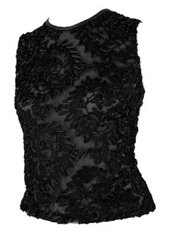 F/W 1999 Gucci by Tom Ford Sheer Black Lace Leather Trim Sleeveless Top