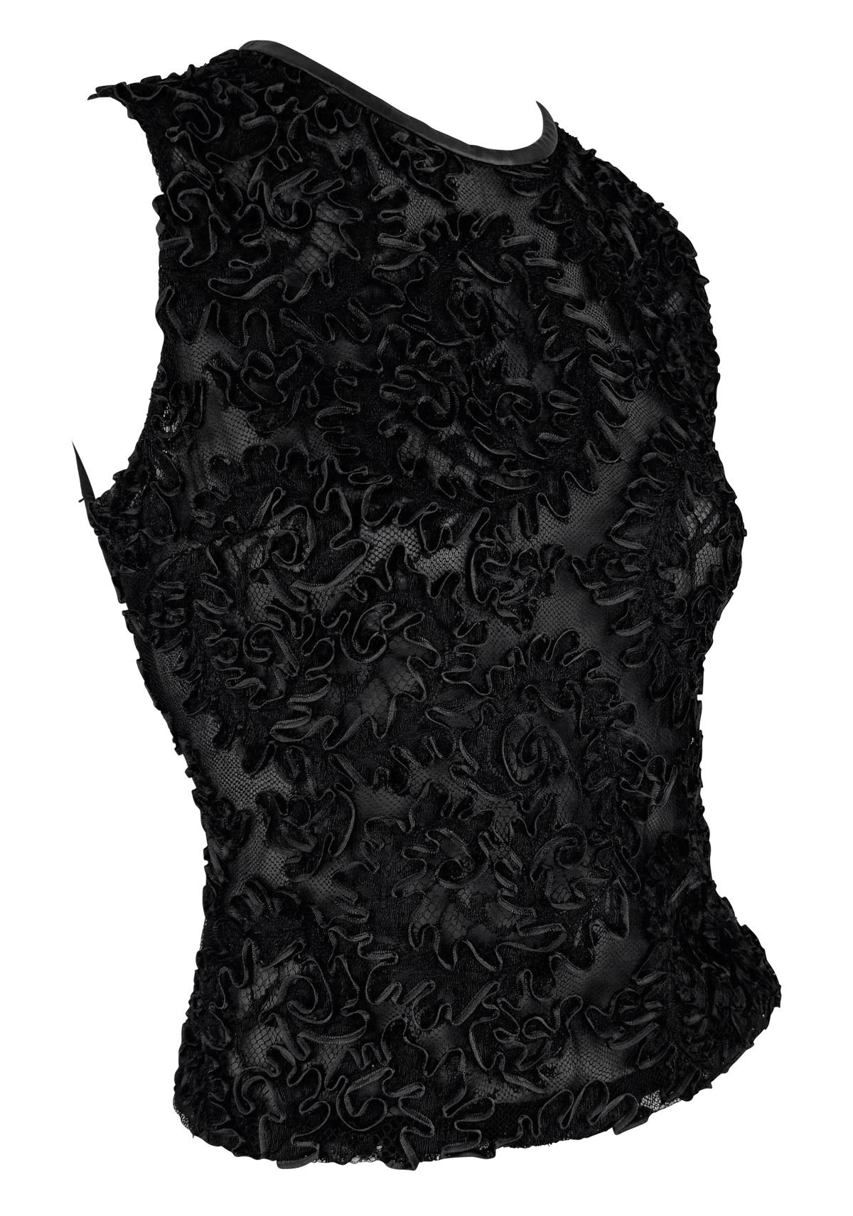 F/W 1999 Gucci by Tom Ford Sheer Black Lace Leather Trim Sleeveless Top For Sale 2