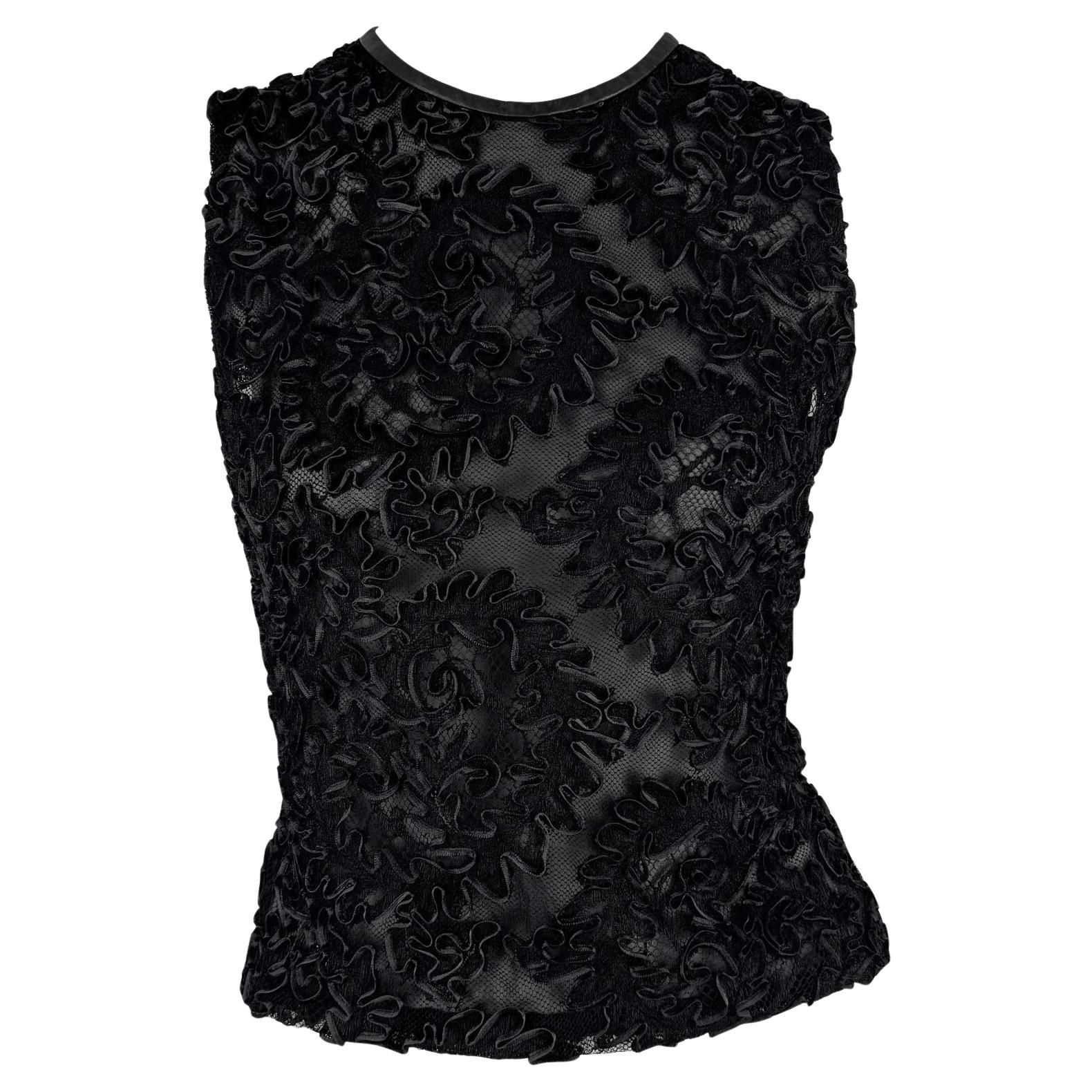 F/W 1999 Gucci by Tom Ford Sheer Black Lace Leather Trim Sleeveless Top For Sale