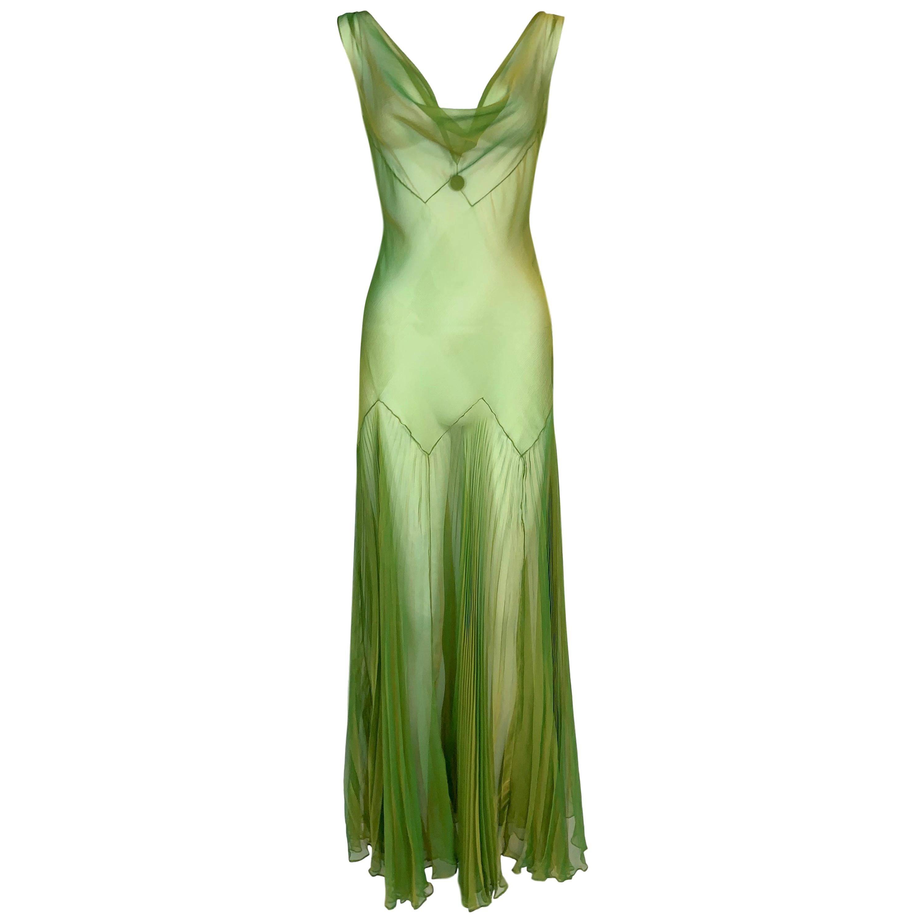 John Galliano elegant green bias cut gown at 1stDibs