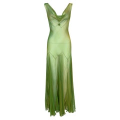 Vintage F/W 1999 John Galliano Runway Sheer Iridescent Green Silk Pleated Maxi Dress