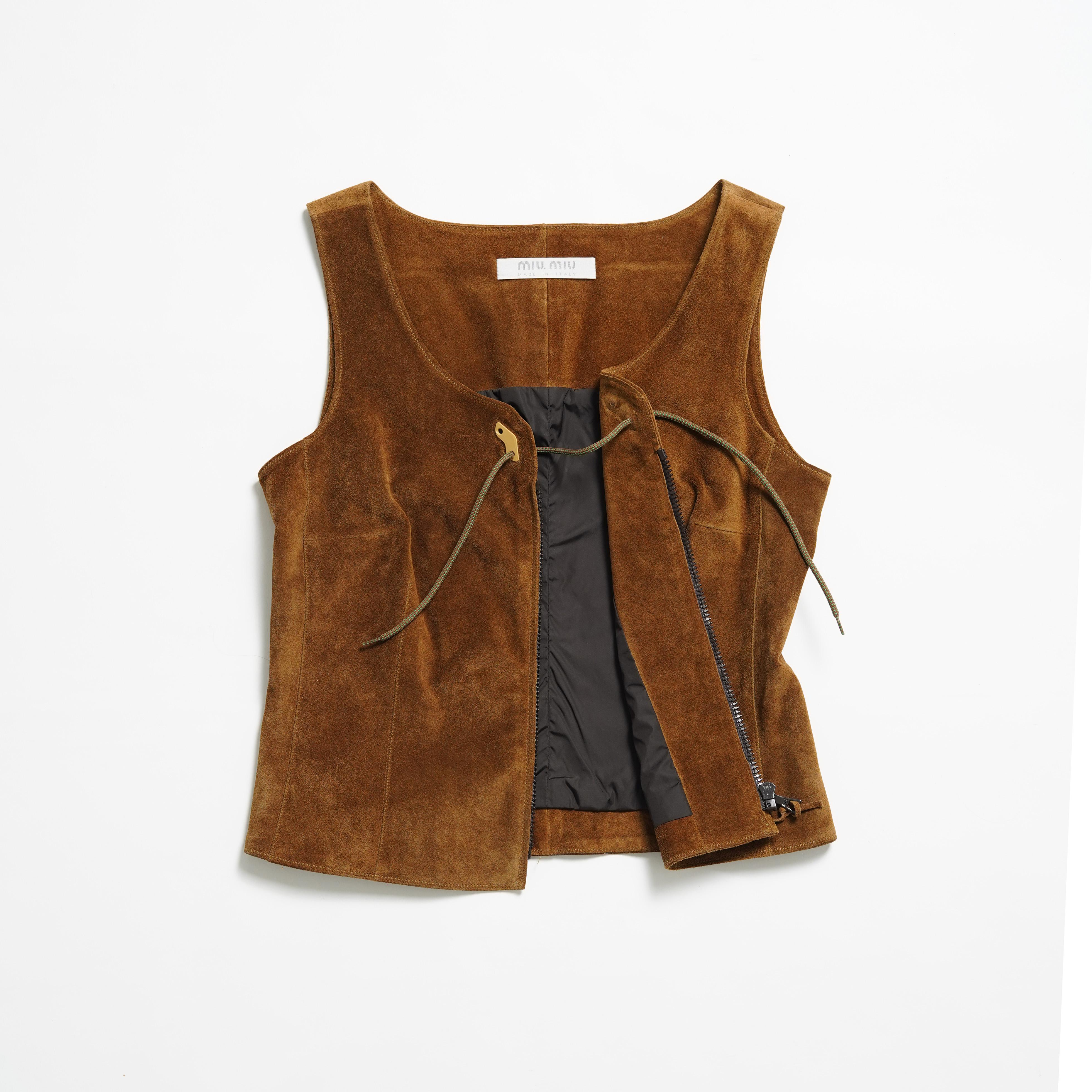 Marron F/W 1999 Miu Miu Corset à fermeture éclair en cuir daim cuivré en vente