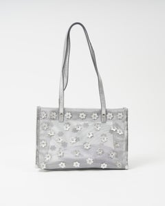 F/W 1999 Miu Miu Metallic Silver Net Shoulder Bag With Flower Appliqués