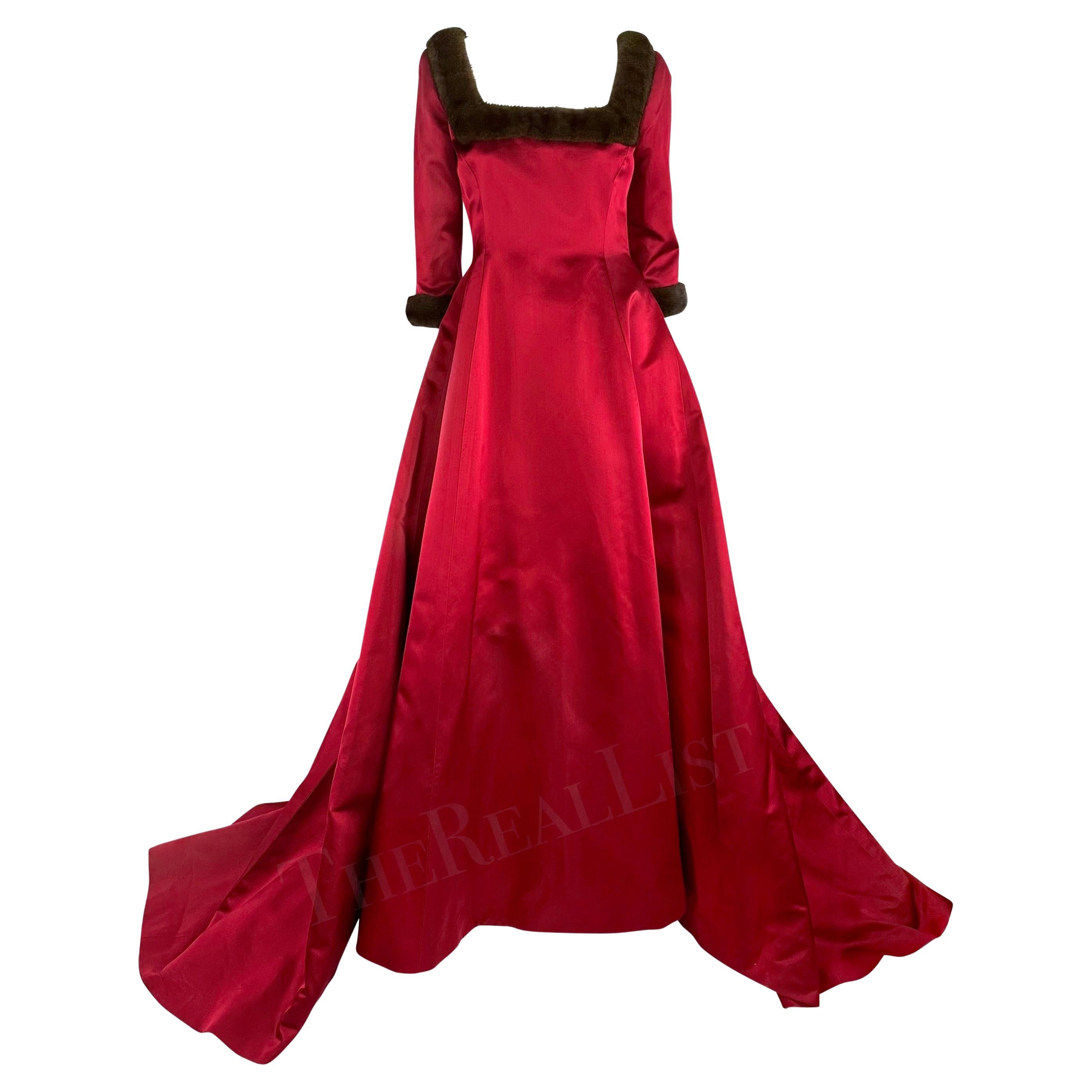 F/W 1999 Oscar de la Renta Naomi Campbell Runway Red Silk Satin Regal Mink Gown For Sale