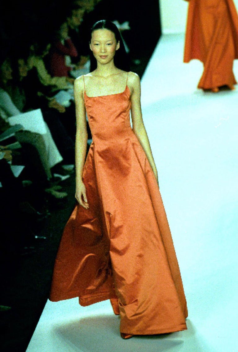 F/W 1999 Ralph Lauren Runway Red Orange Silk Satin Gown Maxi Dress For Sale  at 1stDibs