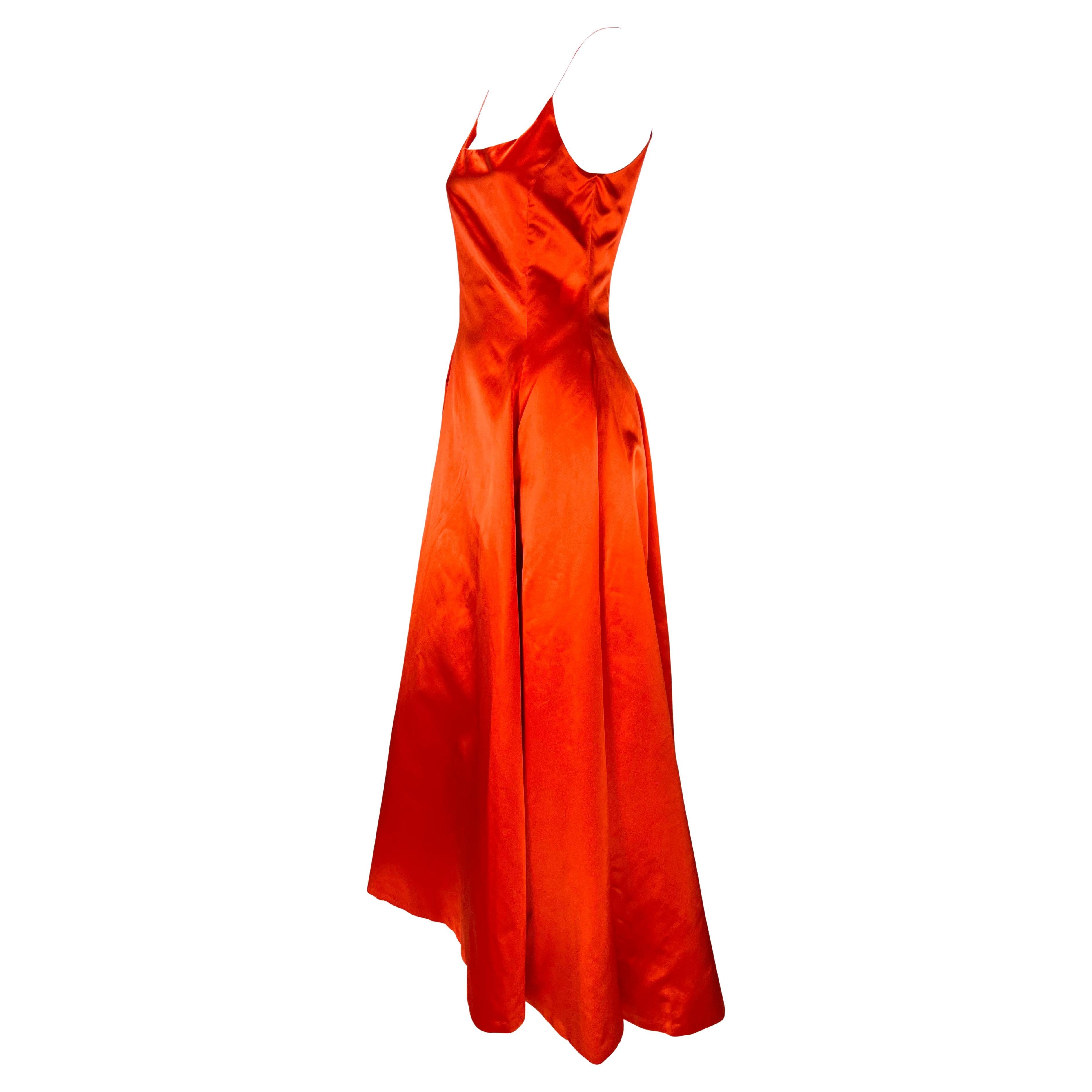 F/W 1999 Ralph Lauren Runway Red Orange Silk Satin Gown Maxi Dress In Good Condition In West Hollywood, CA