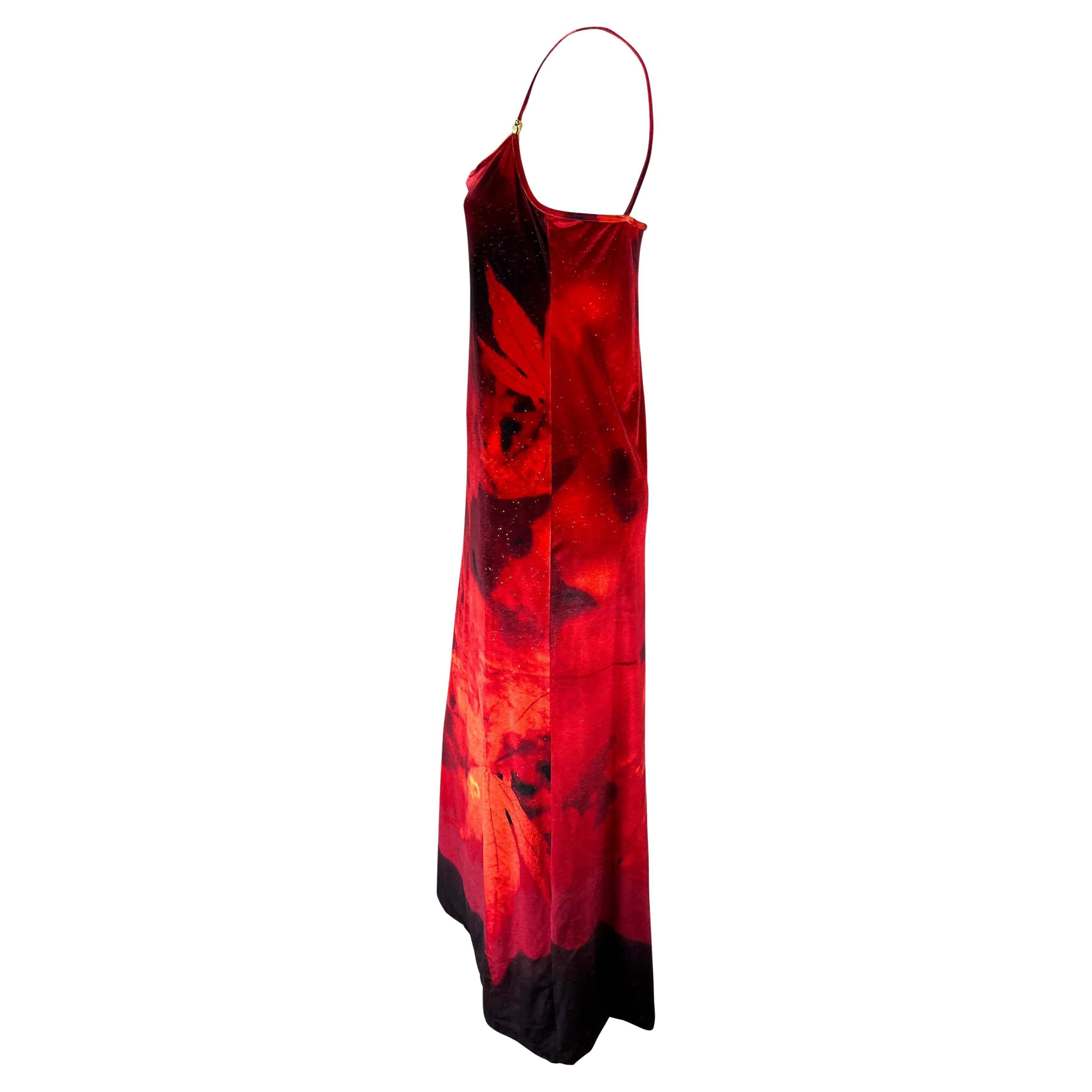 Robe longue à bretelles spaghetti en velours extensible rouge Roberto Cavalli, A/H 1999 Excellent état - En vente à West Hollywood, CA