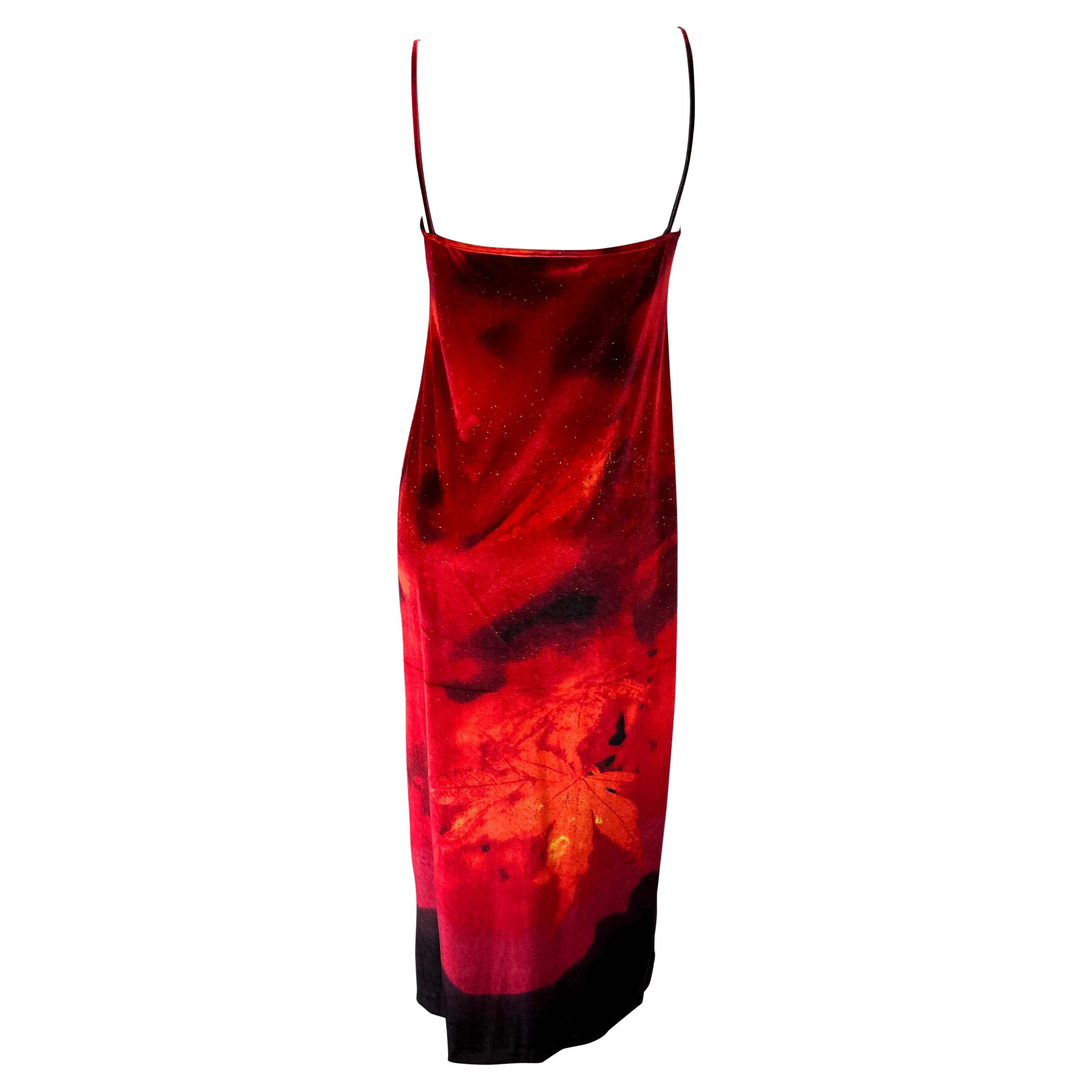 F/W 1999 Roberto Cavalli Red Stretch Velvet Gold Maxi Spaghetti Strap Dress In Excellent Condition For Sale In West Hollywood, CA