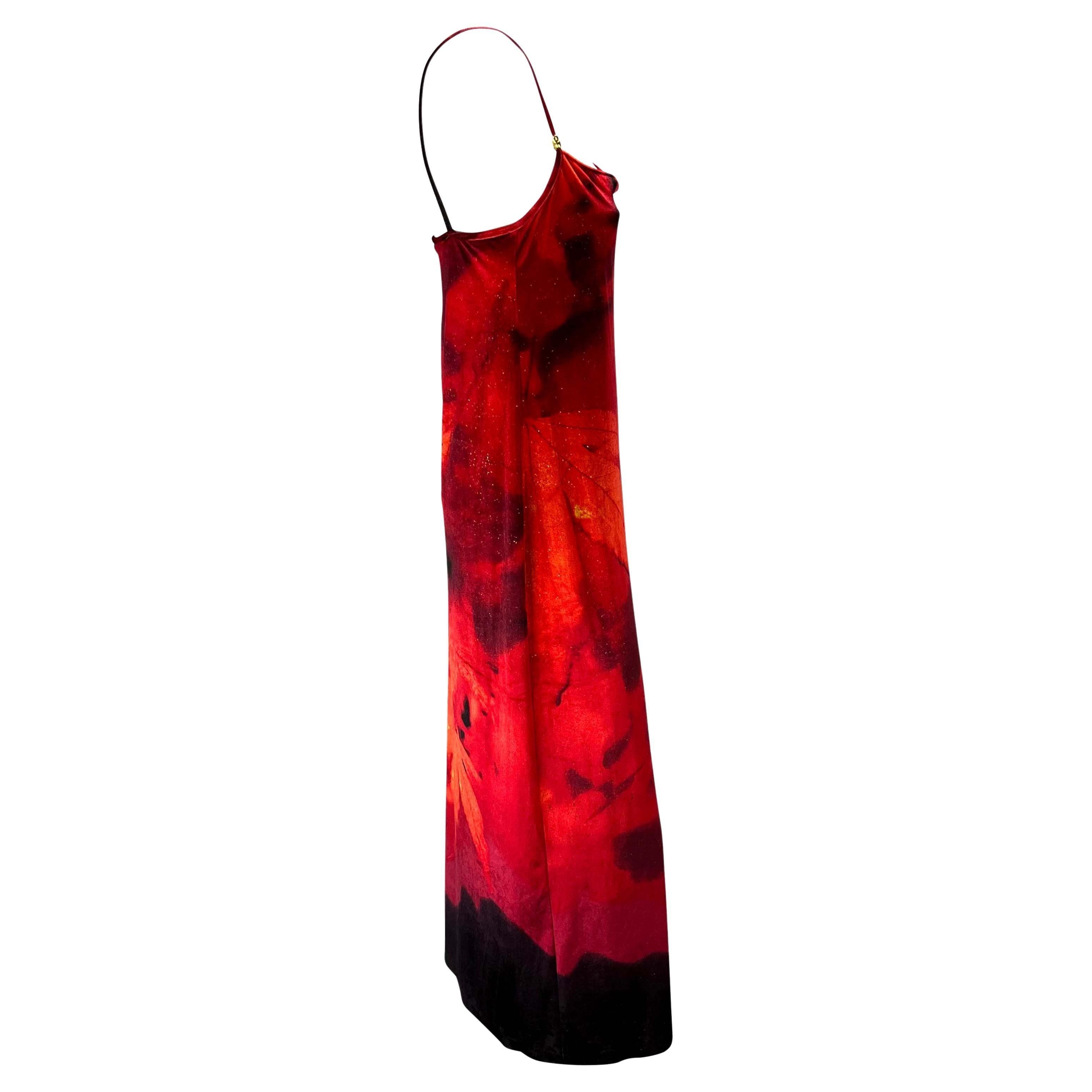 Robe longue à bretelles spaghetti en velours extensible rouge Roberto Cavalli, A/H 1999 en vente 1