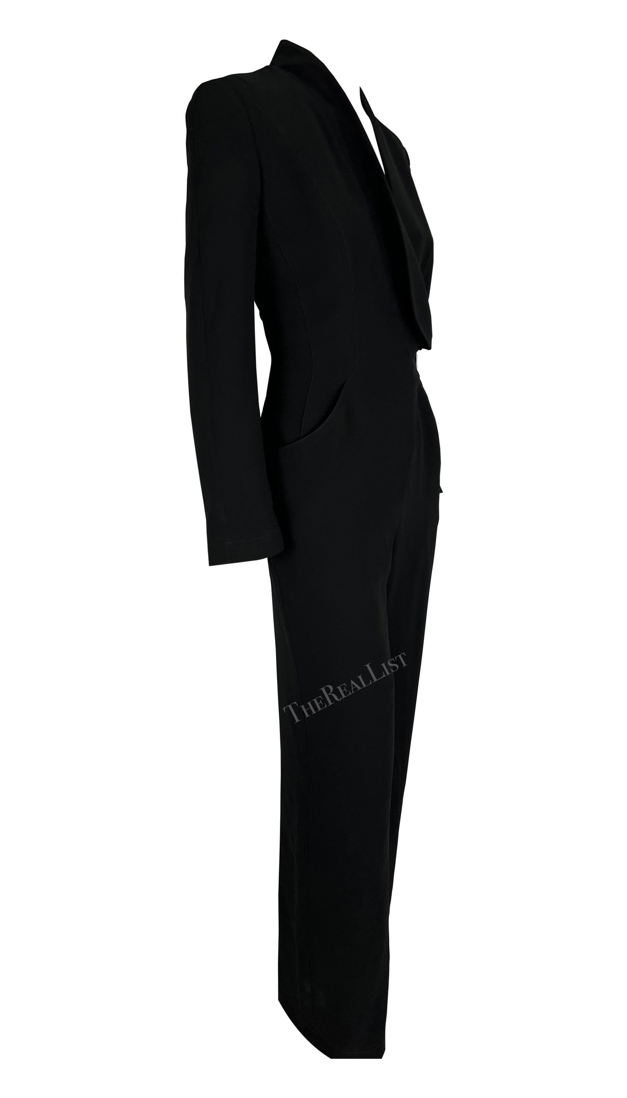 F/W 1999 Thierry Mugler Black Jumpsuit Oversized Metal Buckle Plunge Suit For Sale 3