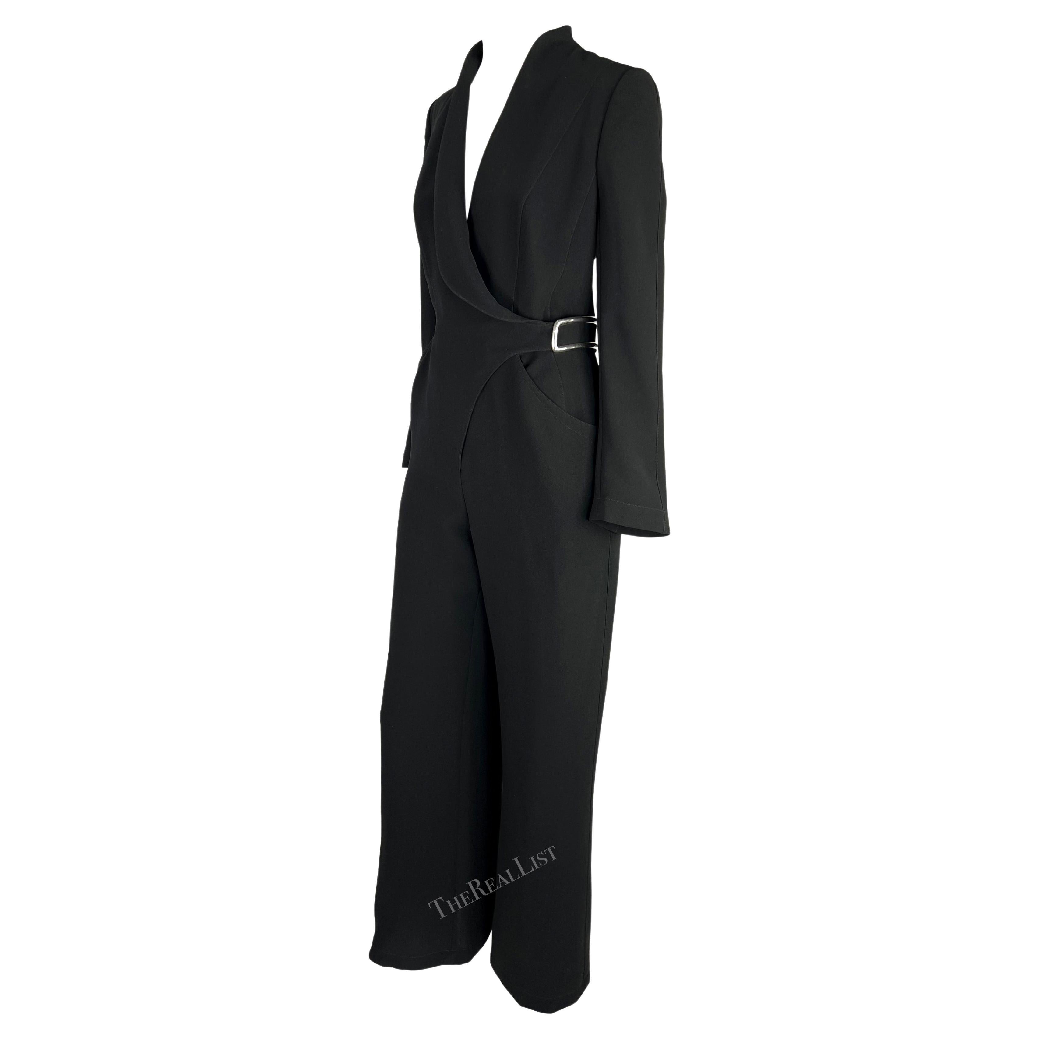 F/W 1999 Thierry Mugler Black Jumpsuit Oversized Metal Buckle Plunge Suit For Sale