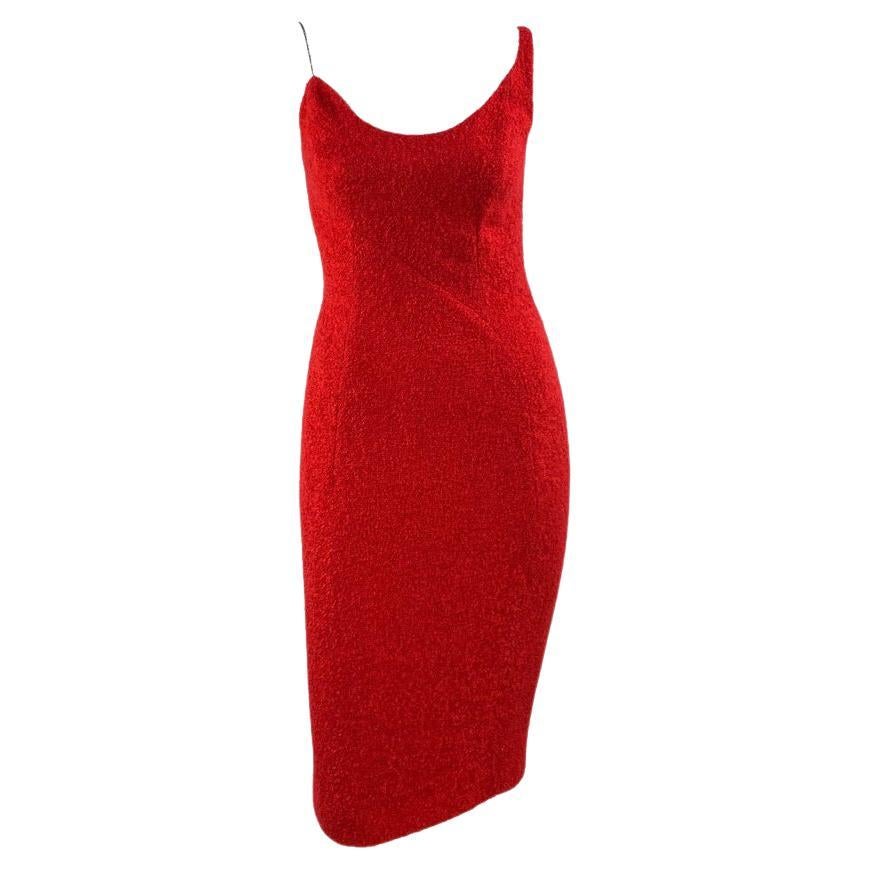 F/W 1999 Thierry Mugler Red Buclé Asymmetric Chain Runway Bodycon Wool Dress For Sale