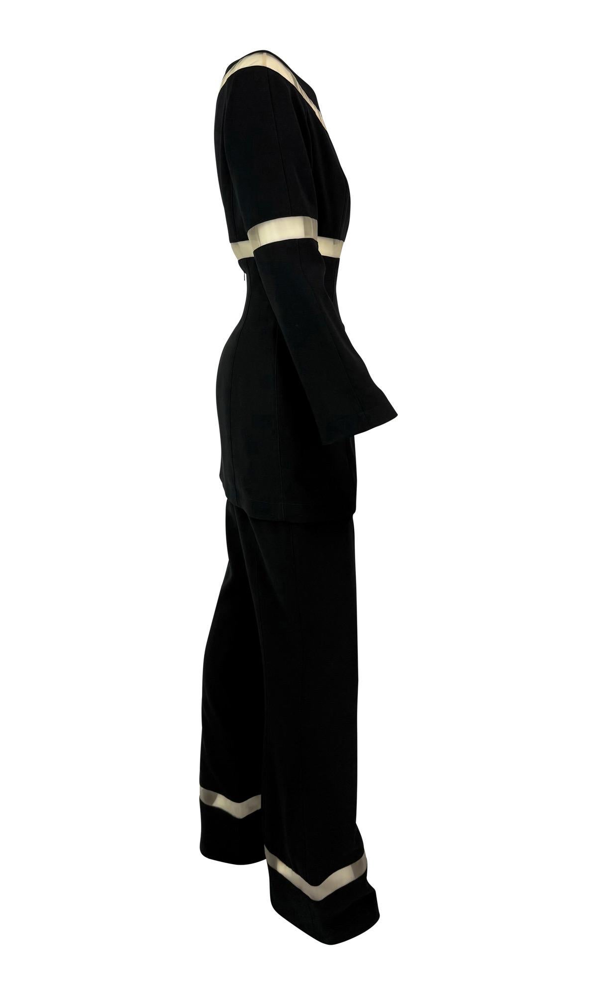 F/W 1999 Thierry Mugler Runway Beige Mesh Panel Black Pantsuit Set For Sale 2
