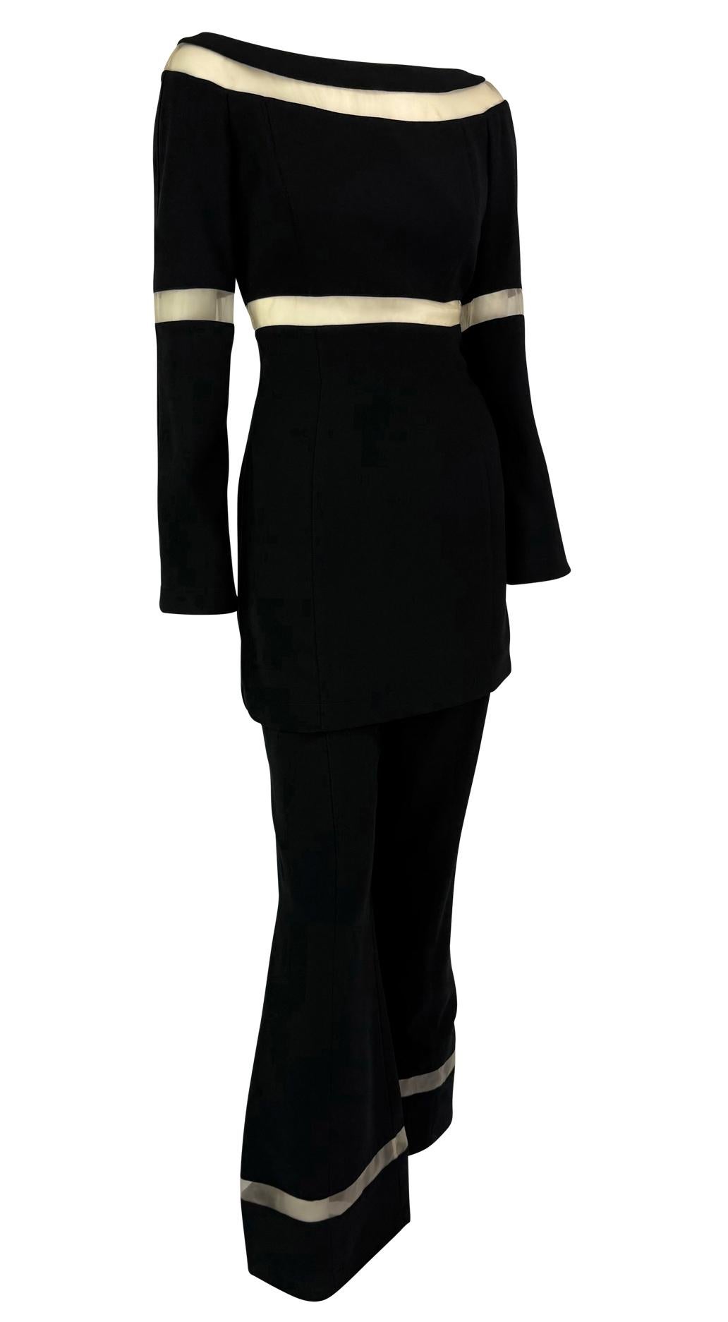 F/W 1999 Thierry Mugler Runway Beige Mesh Panel Black Pantsuit Set For Sale 3