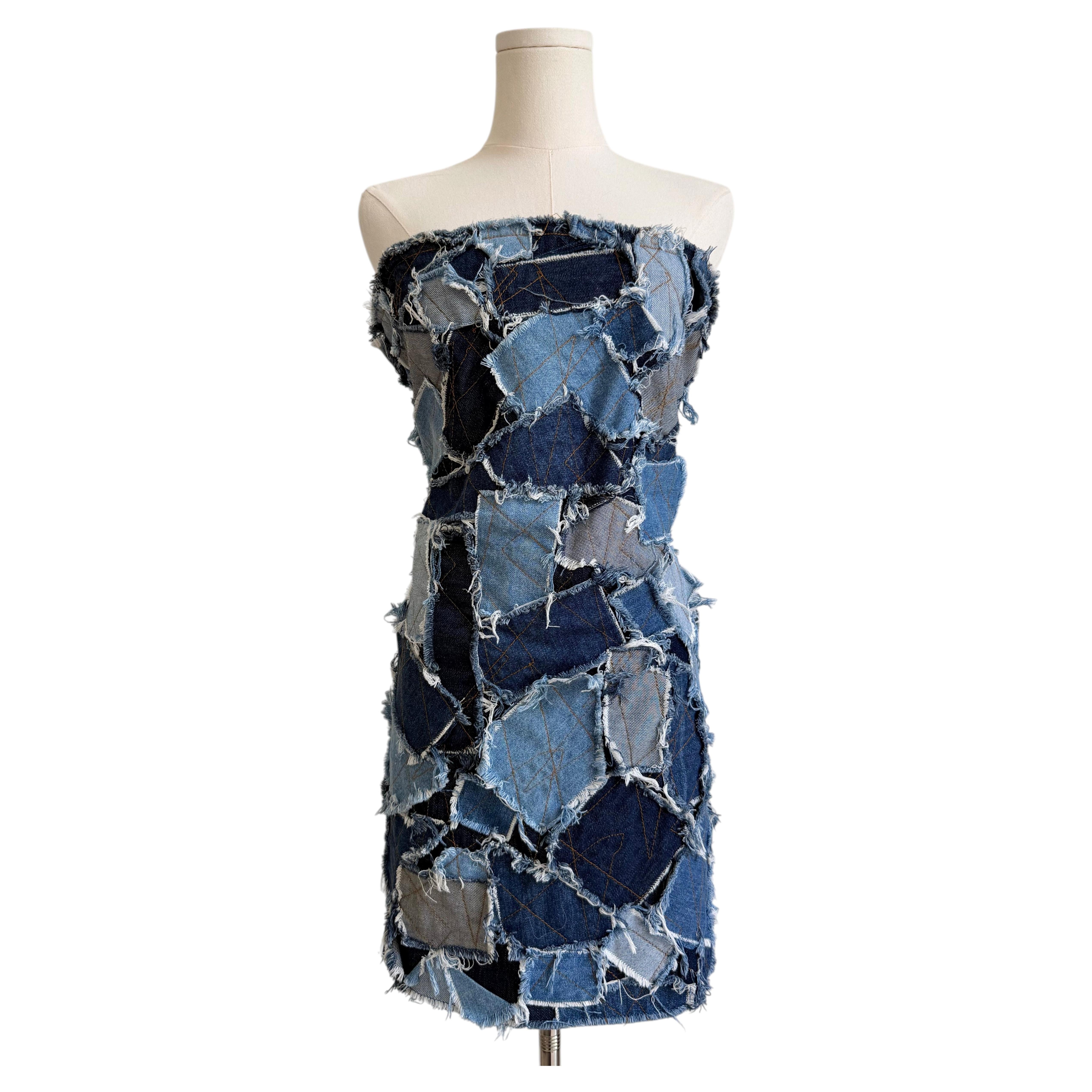 F/W 2000 Blue Patchwork Denim Strapless Dress