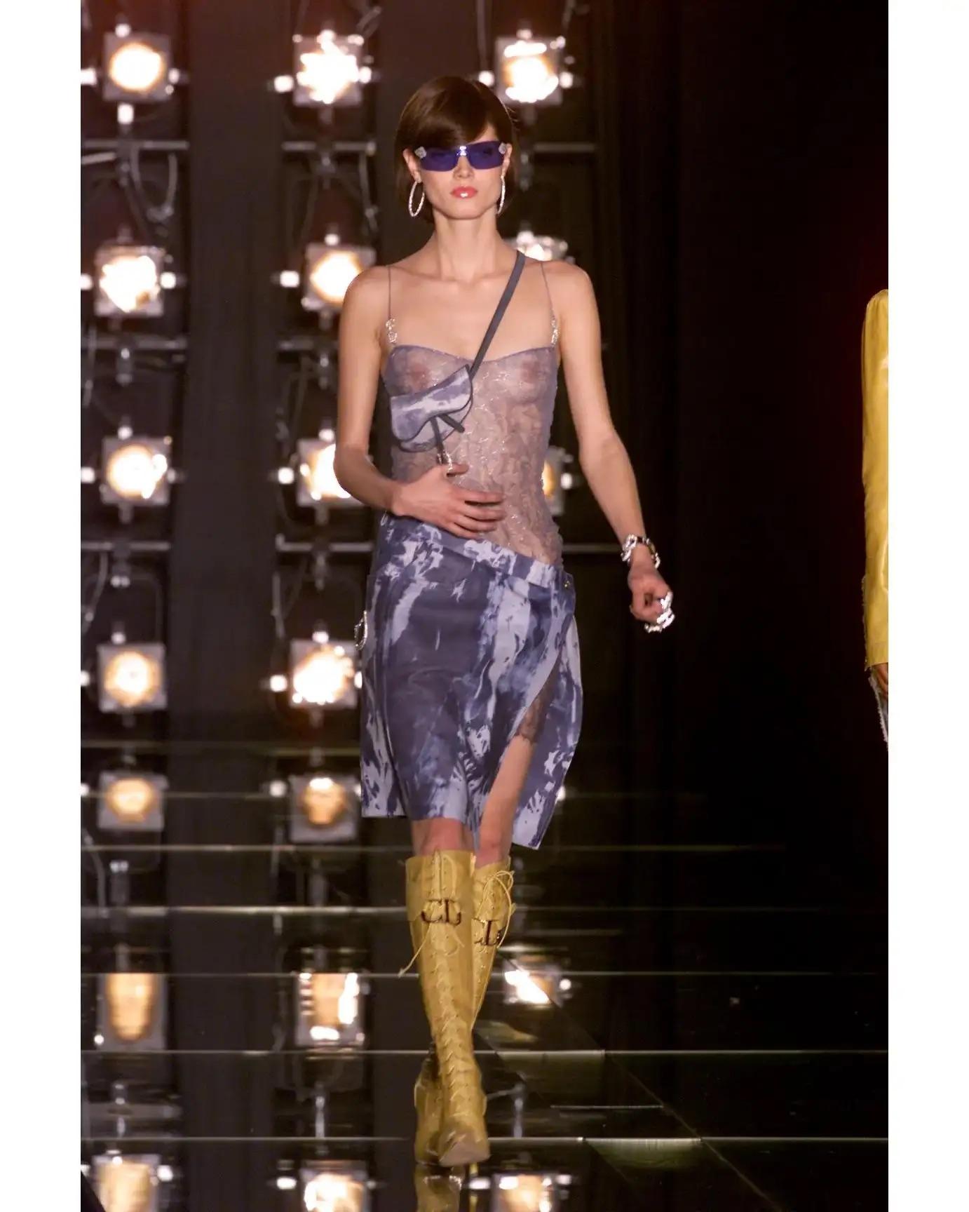 John Galliano designed this blue tie-dye Christian Dior skirt for the Spring/Summer 2000 collection. Several pieces with the same denim-like tie-dye were highlighted on the season's runway. One of Galliano's most sought-after collections at Dior,