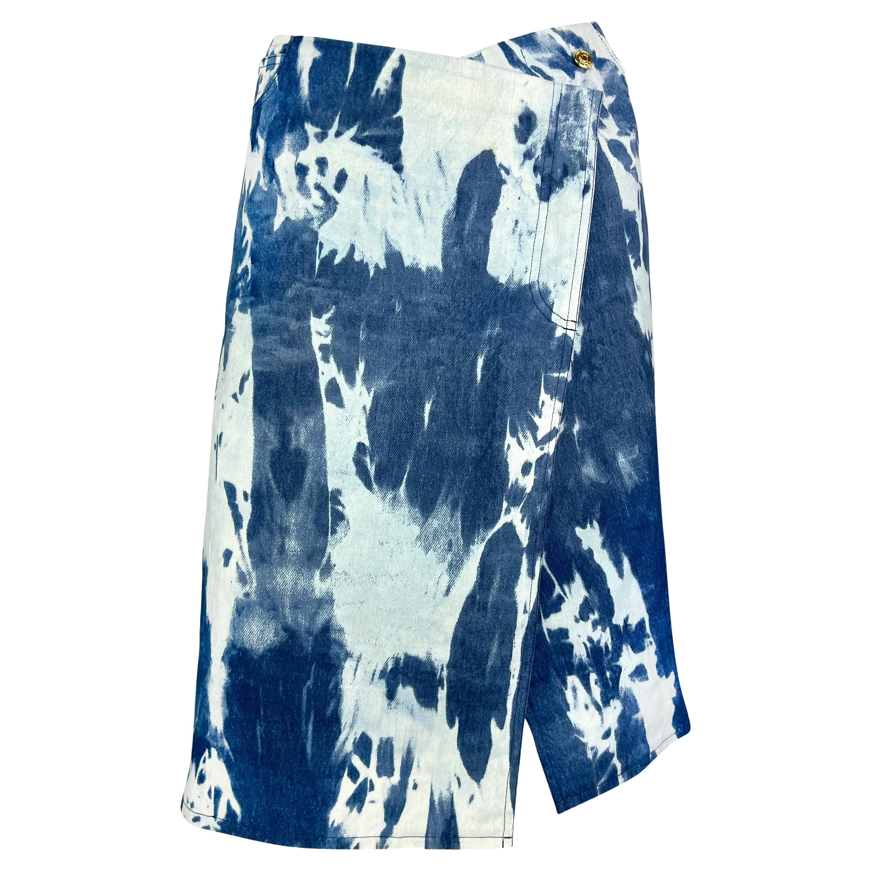 F/W 2000 Christian Dior by John Galliano Tie-Dye Blue Denim Asymmetric Skirt For Sale