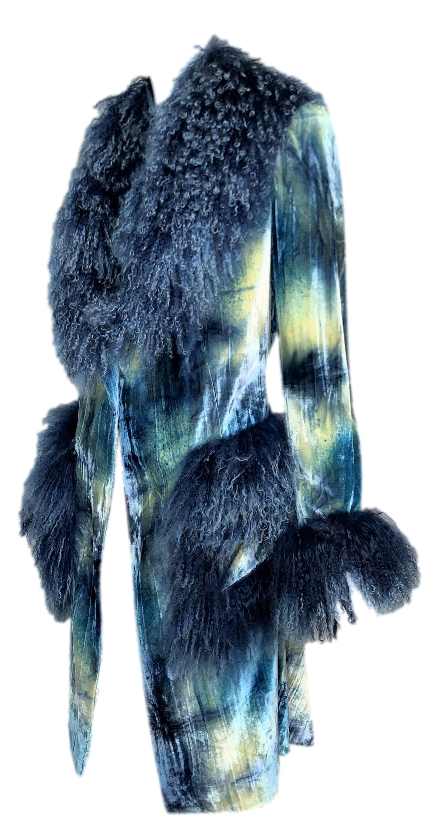 F/W 2000 Christian Dior John Galliano Blue Tie Dye Velvet Mongolian Lamb Jacket In Good Condition In Yukon, OK