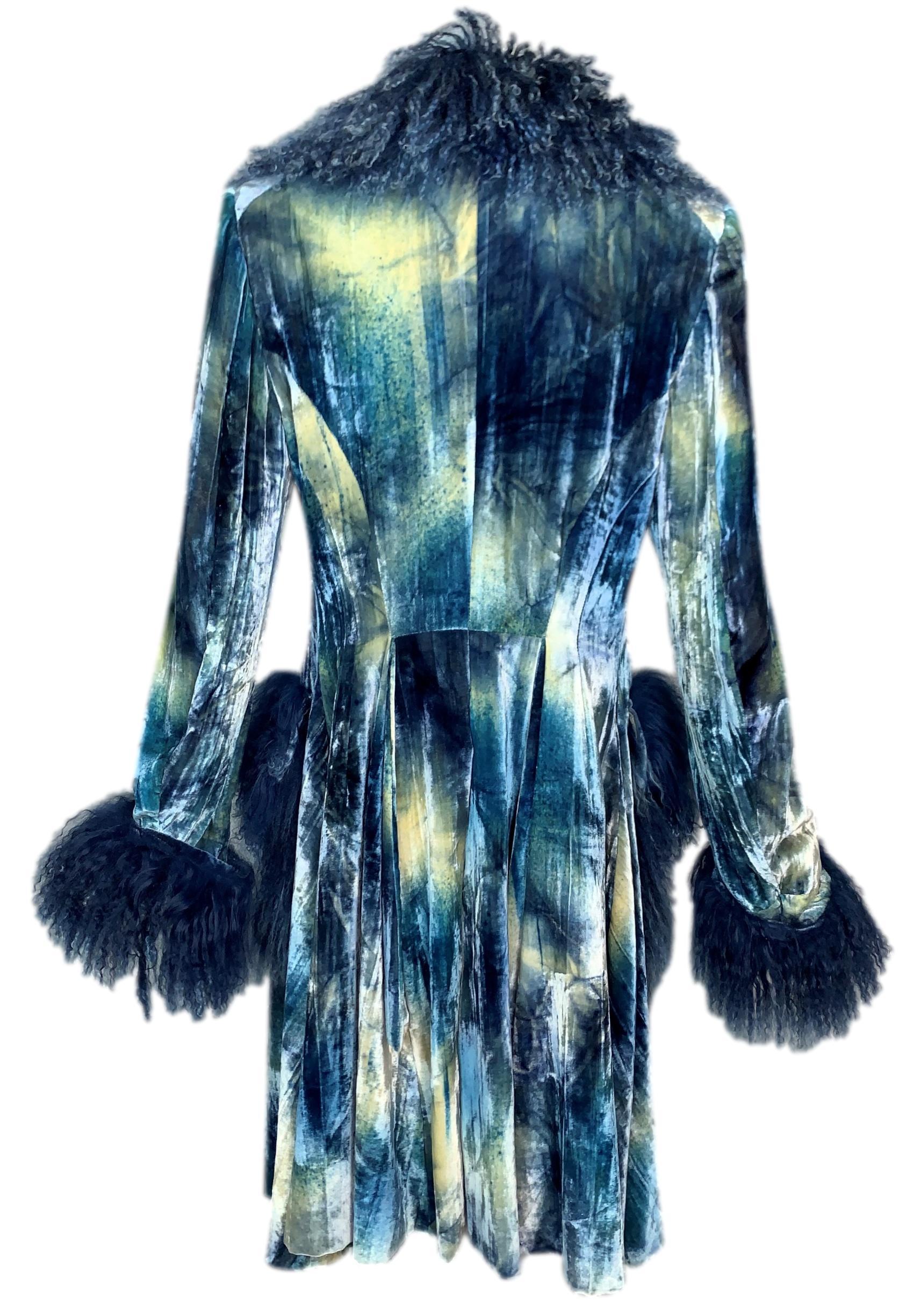 F/W 2000 Christian Dior John Galliano Blue Tie Dye Velvet Mongolian Lamb Jacket 1