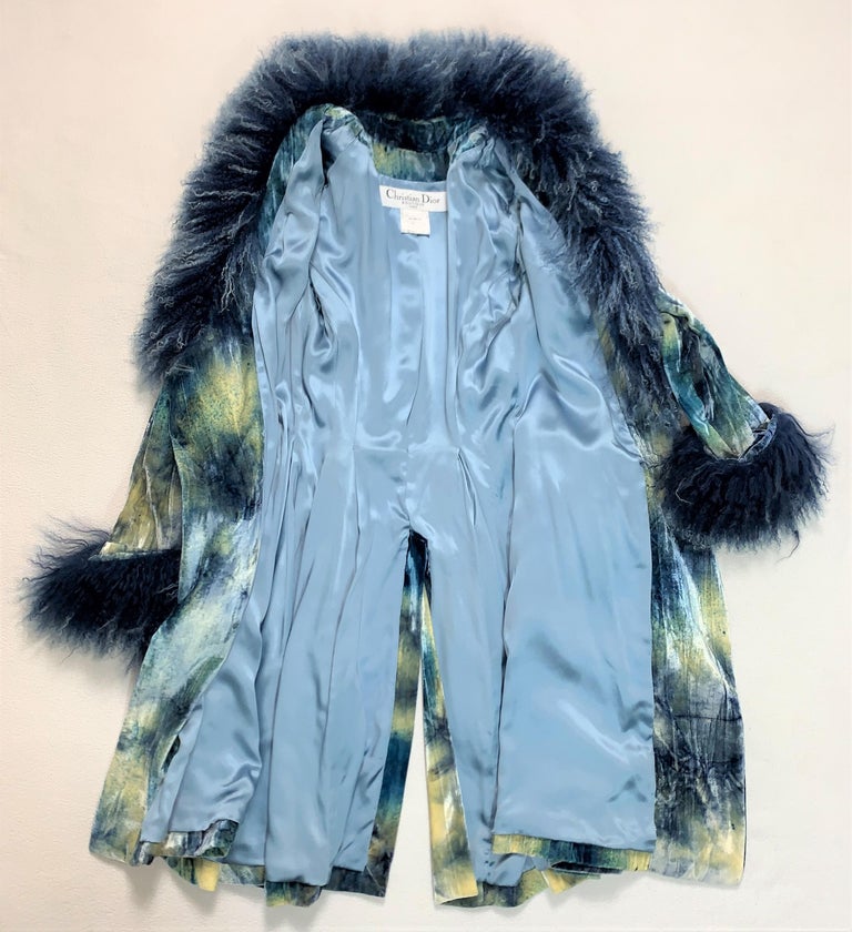 F/W 2000 Christian Dior John Galliano Blue Tie Dye Velvet Mongolian Lamb Jacket 2
