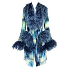 F/W 2000 Christian Dior John Galliano Blue Tie Dye Velvet Mongolian Lamb Jacket