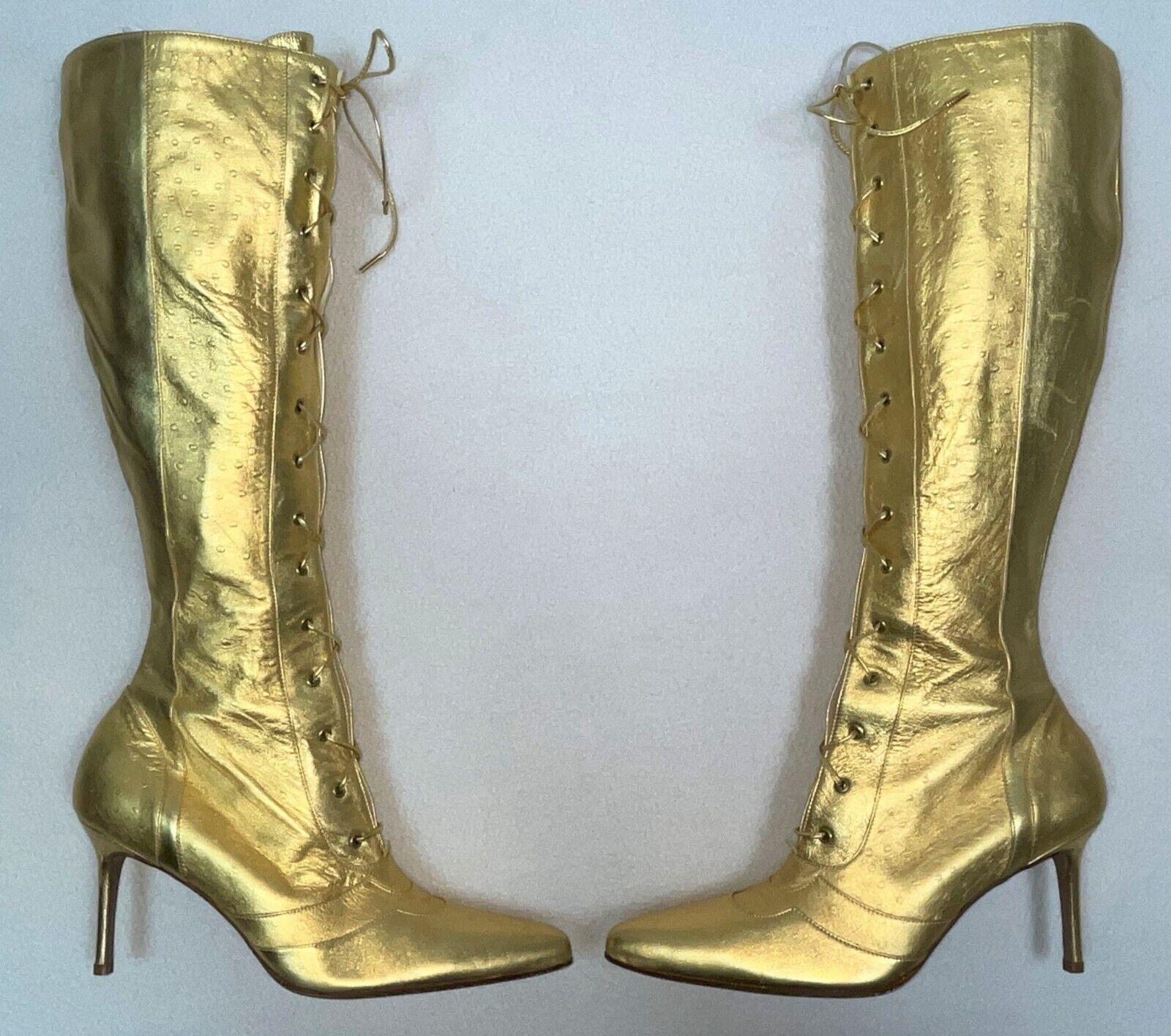 Brown F/W 2000 Christian Dior John Galliano Gold Leather Tall Heel Boots 39