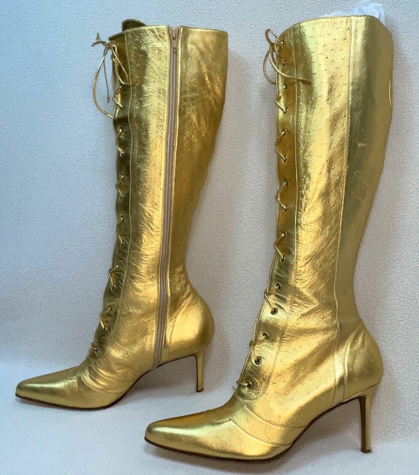 F/W 2000 Christian Dior John Galliano Gold Leather Tall Heel Boots 39 In Good Condition In Yukon, OK