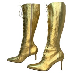 F/W 2000 Christian Dior John Galliano Gold Ostrich Leather Tall Heel Boots 39