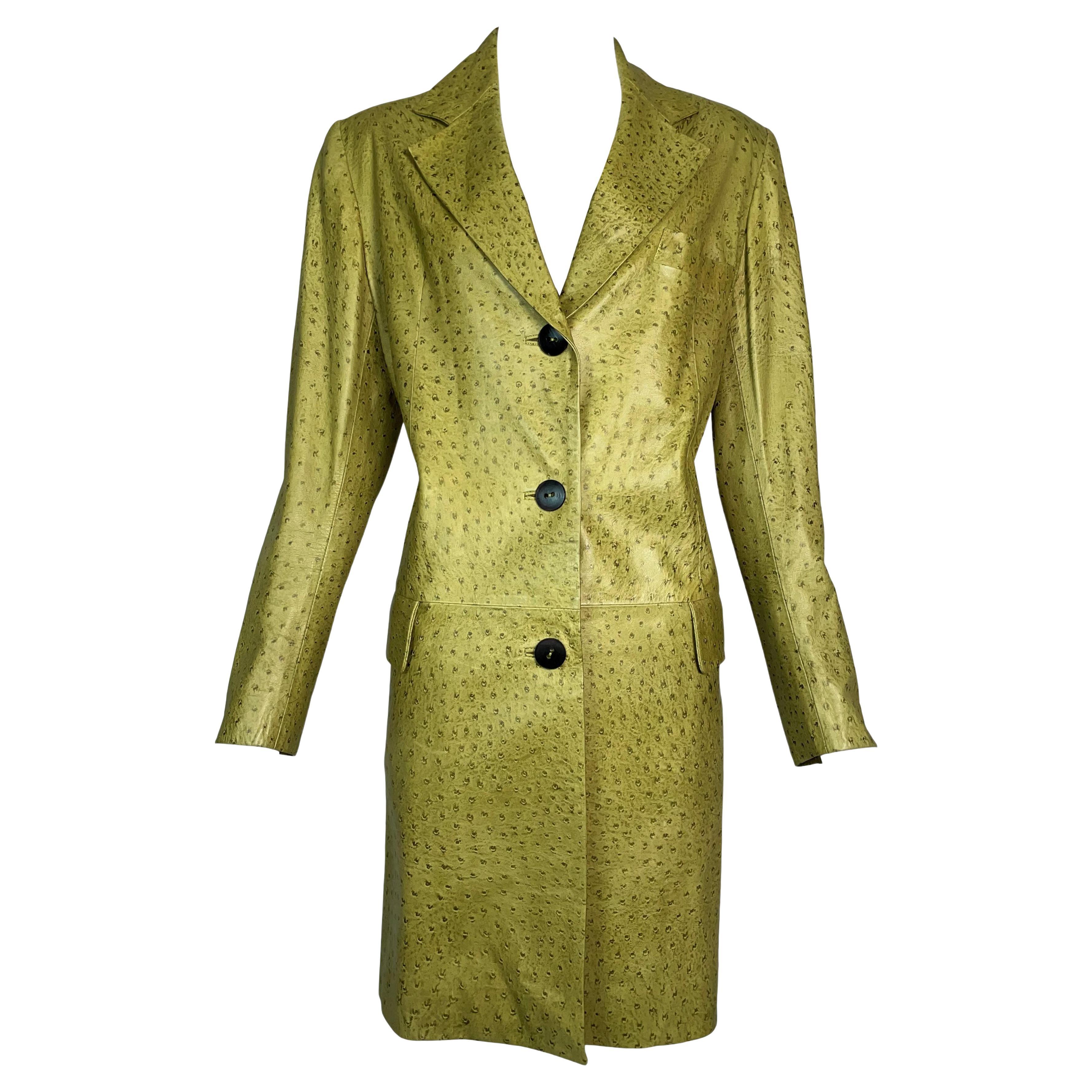 F/W 2000 Christian Dior John Galliano Green Leather Ostrich Trench Coat Jacket